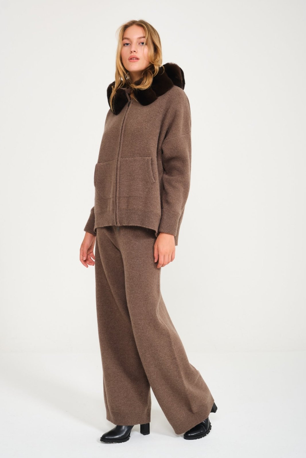 Brown Chinchilla Fur Lined Hoodie & Pants Set - ADAMO