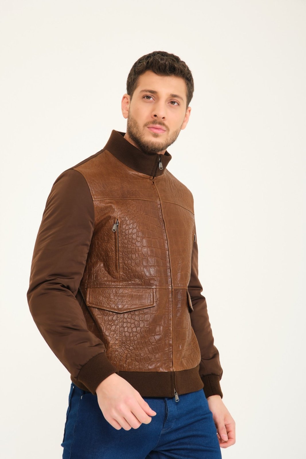 Brown Crocodile Leather Pattern Jacket - ADAMO