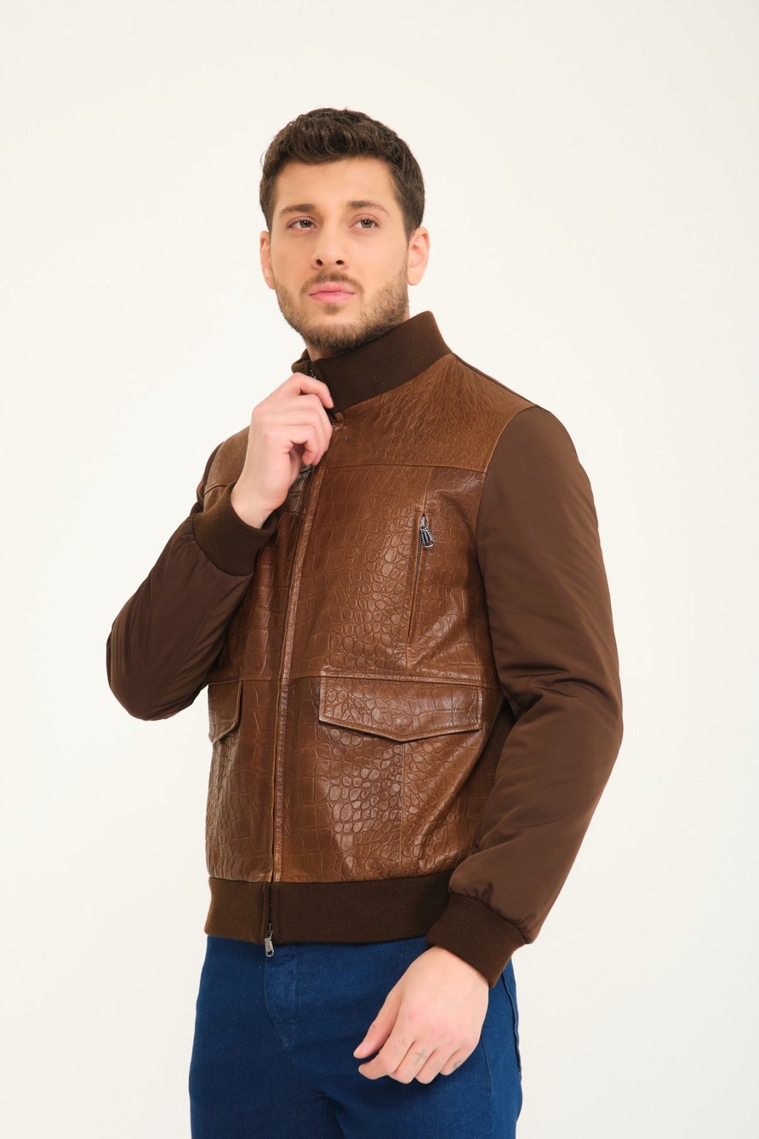 Brown Crocodile Leather Pattern Jacket - ADAMO