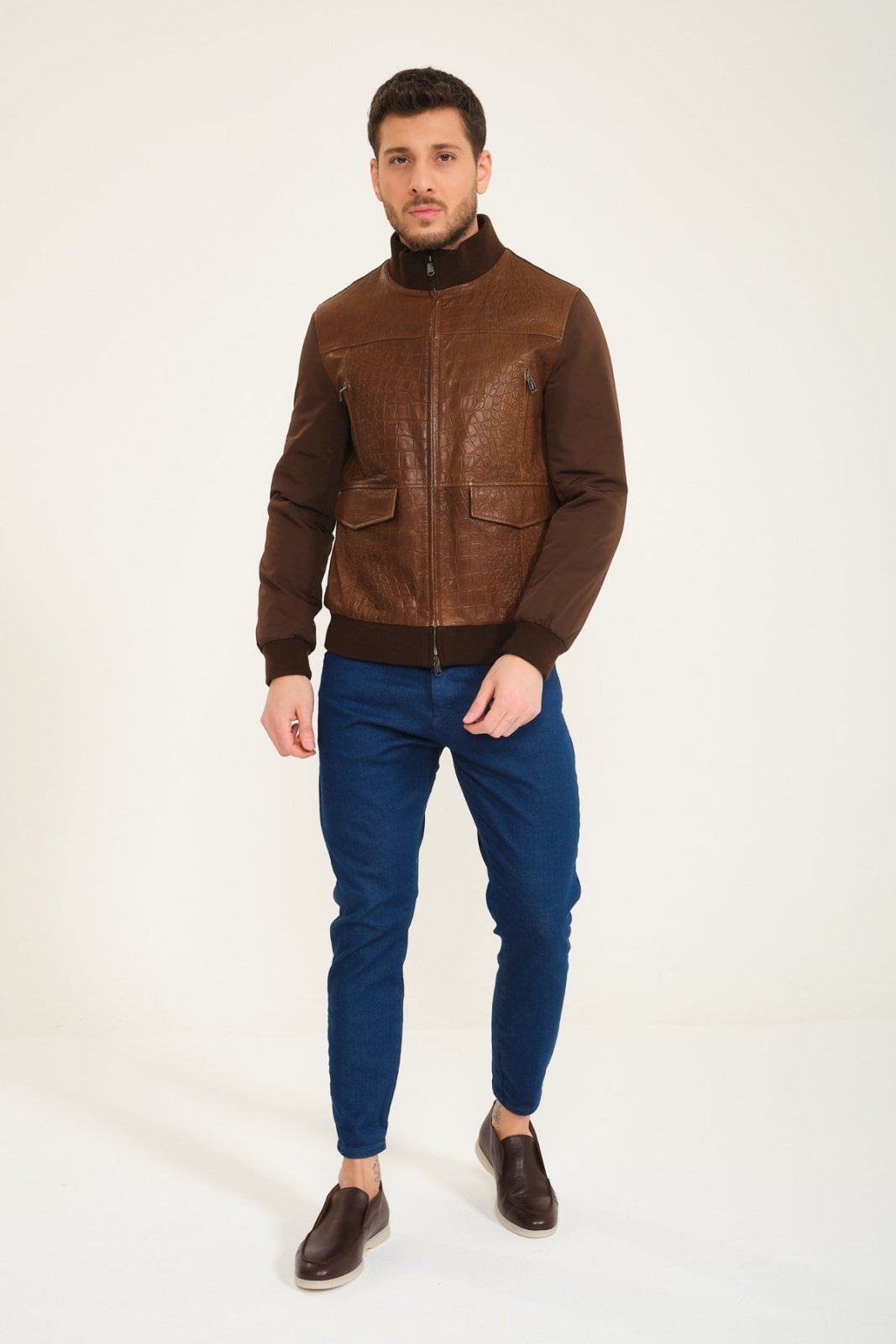 Brown Crocodile Leather Pattern Jacket - ADAMO