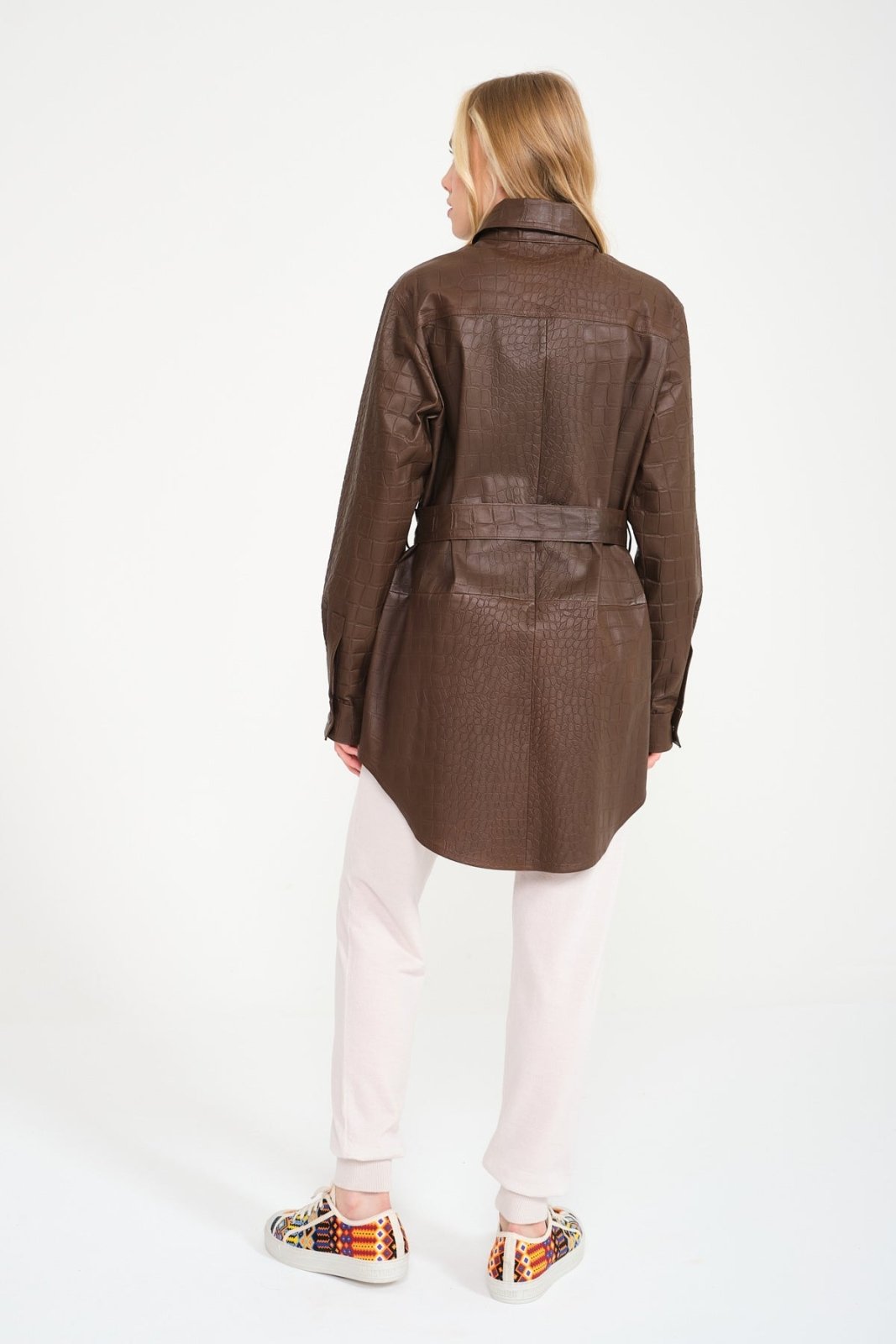 Brown Crocodile Pattern Leather Coat - ADAMO