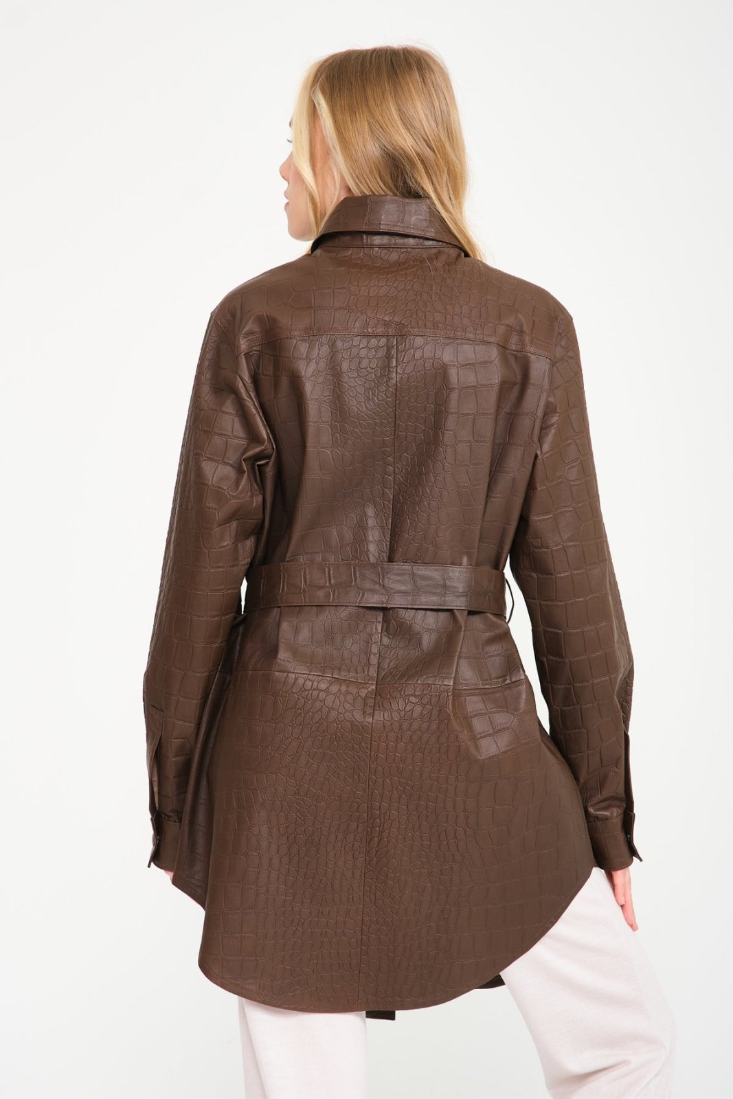 Brown Crocodile Pattern Leather Coat - ADAMO