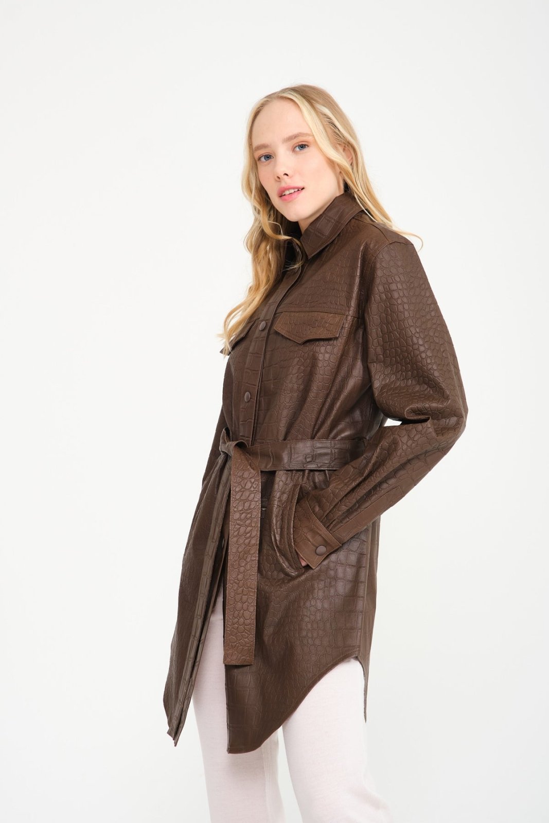 Brown Crocodile Pattern Leather Coat - ADAMO