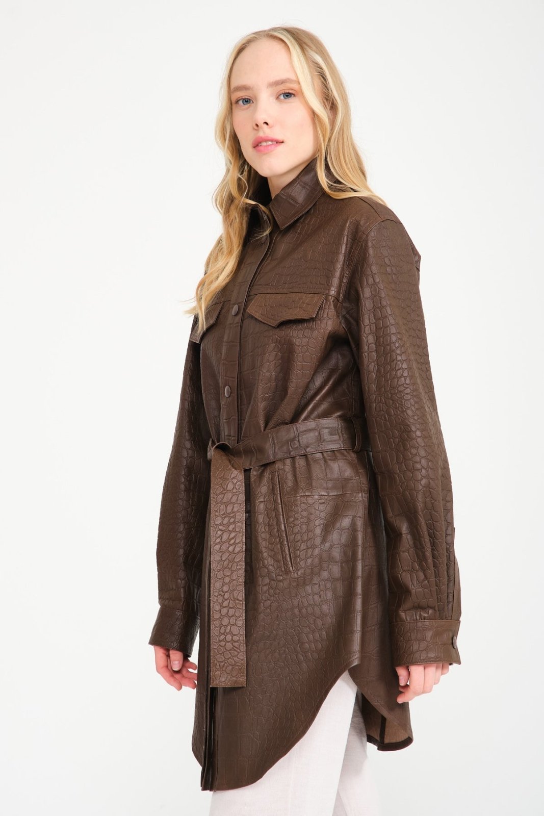 Brown Crocodile Pattern Leather Coat - ADAMO