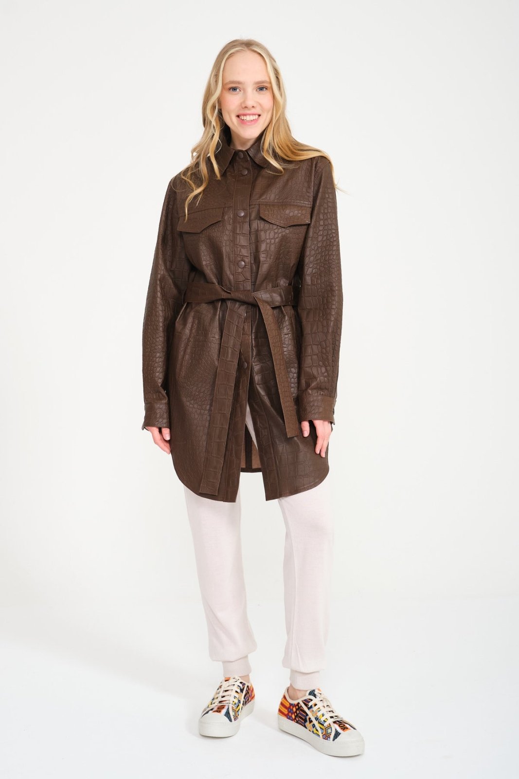 Brown Crocodile Pattern Leather Coat - ADAMO