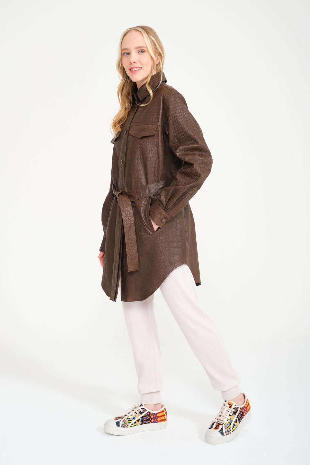 Brown Crocodile Pattern Leather Coat - ADAMO