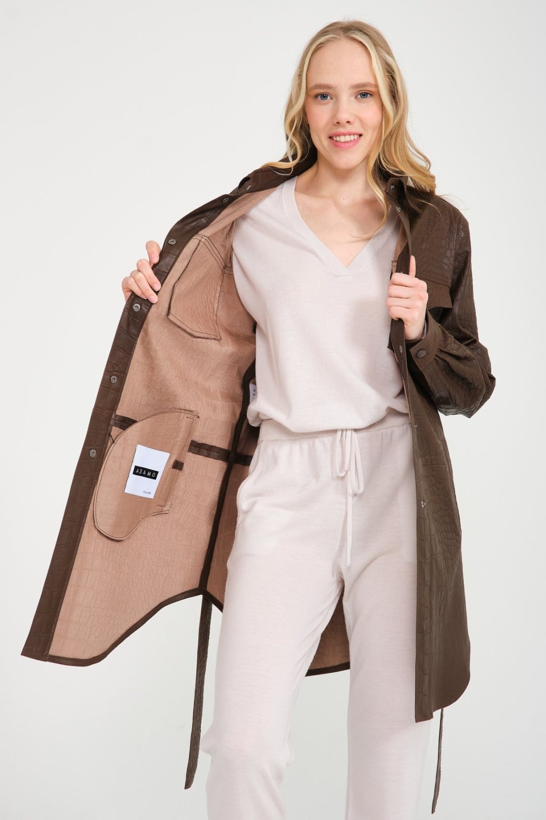 Brown Crocodile Pattern Leather Coat - ADAMO