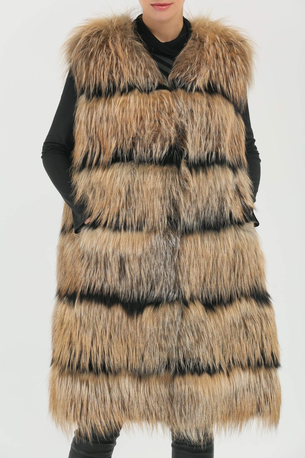 Brown Long Fox Fur Vest - ADAMO