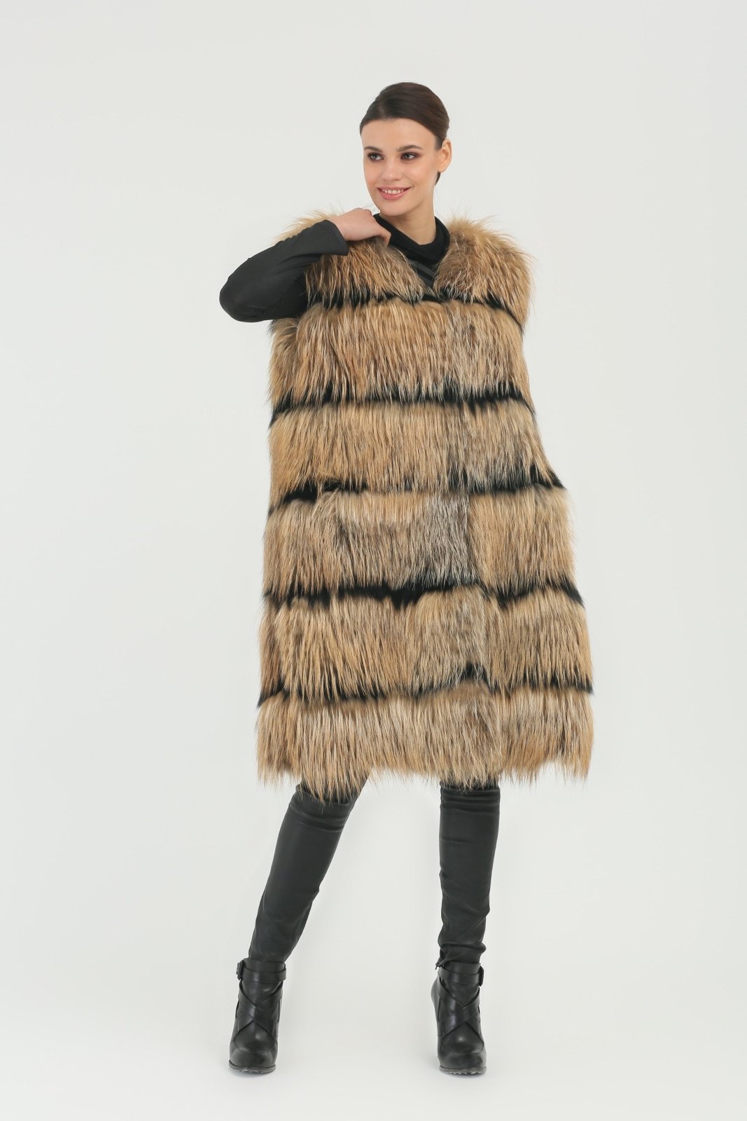 Brown Long Fox Fur Vest - ADAMO