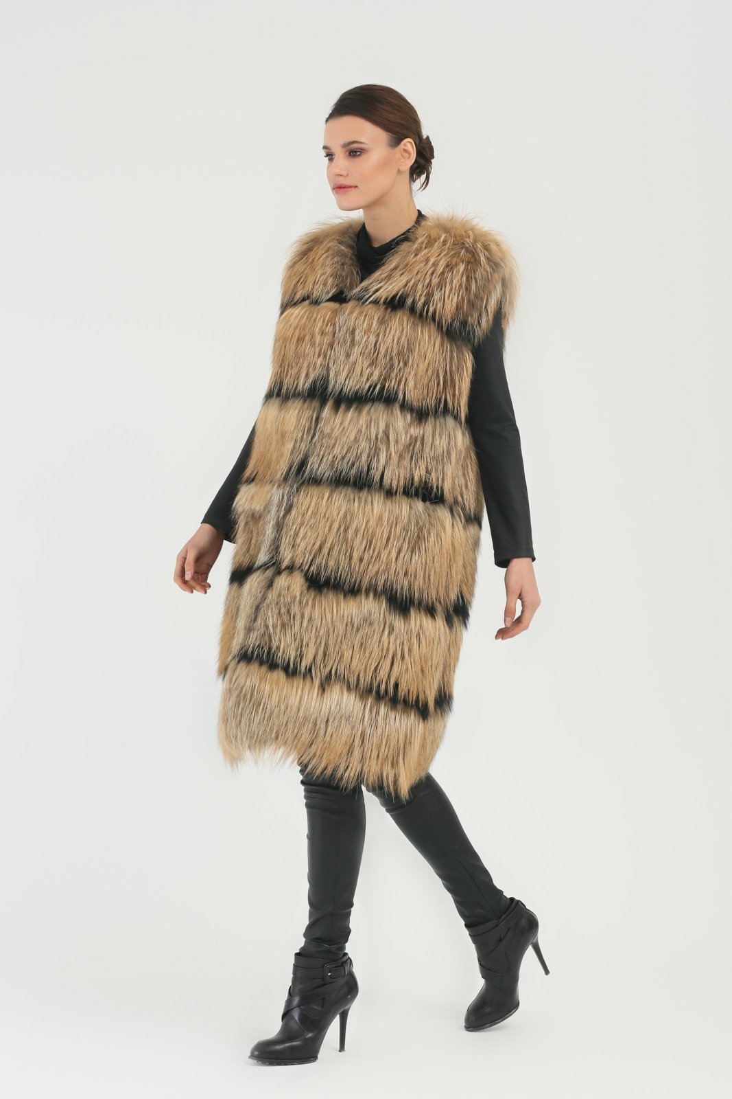 Brown Long Fox Fur Vest - ADAMO