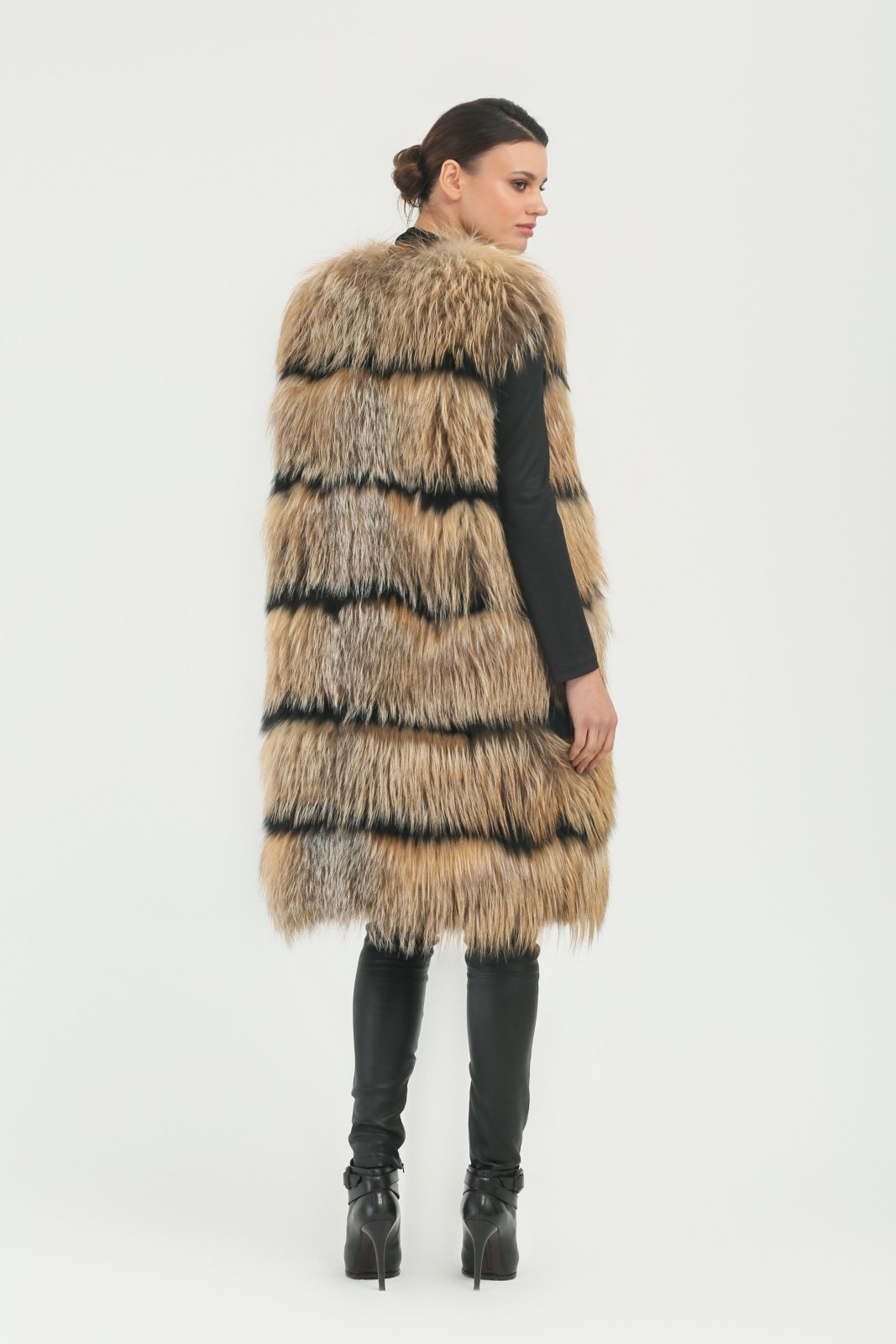 Brown Long Fox Fur Vest - ADAMO