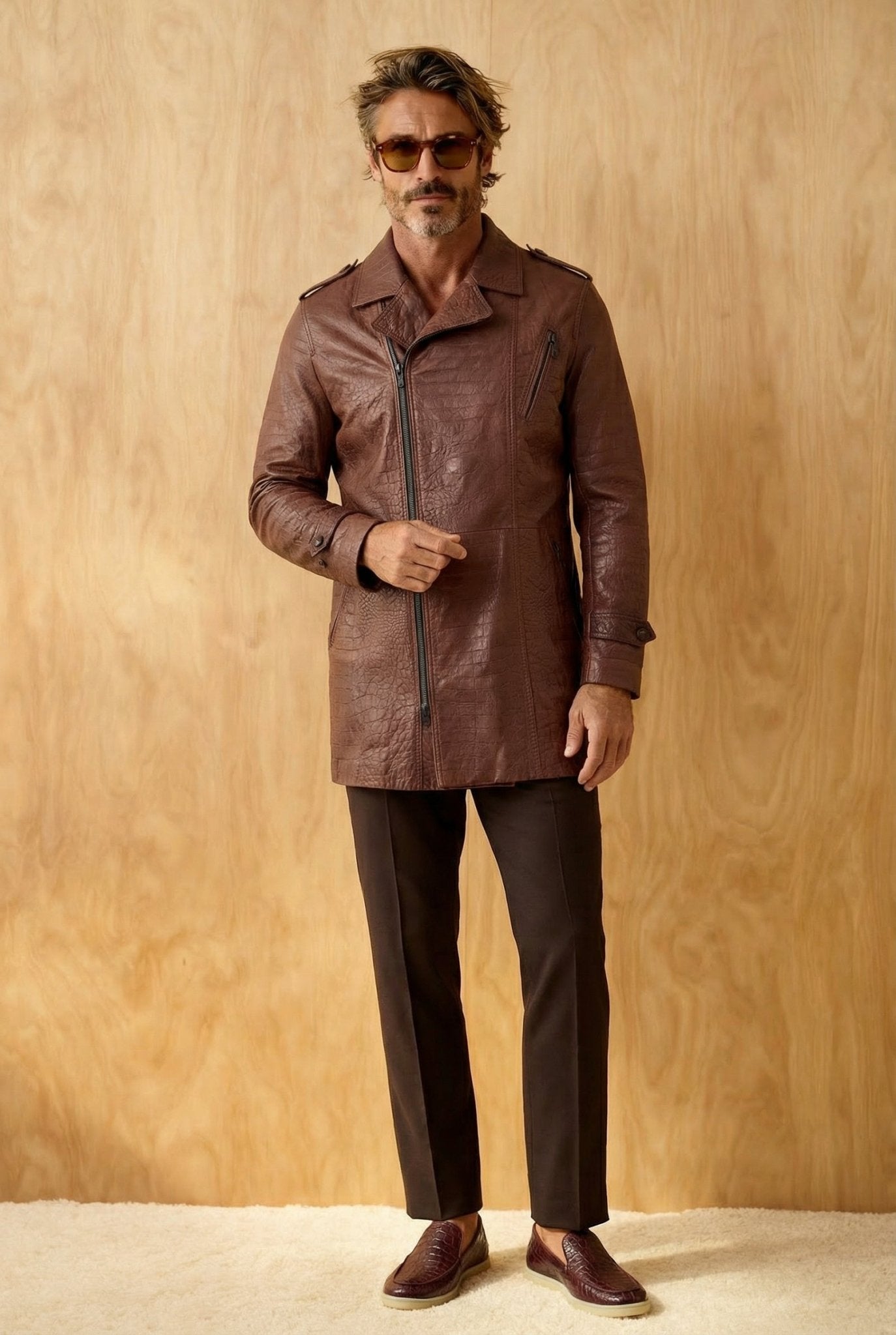 Brown Long Leather Jacket - ADAMO