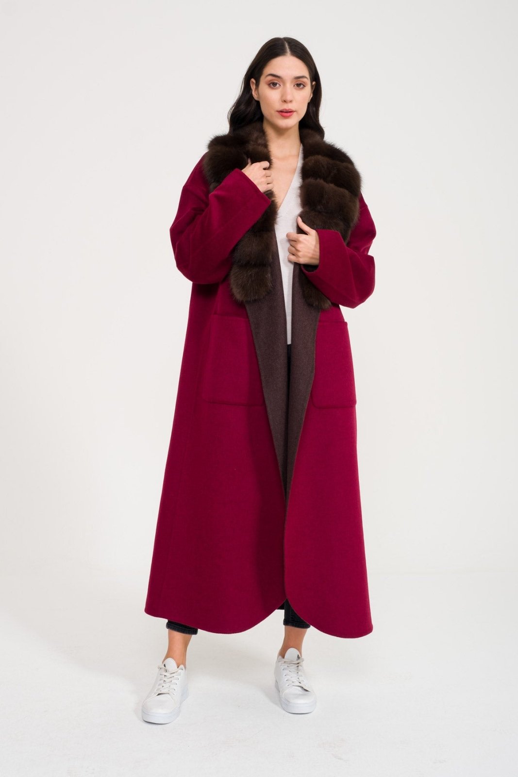 Burgundy Cashmere - Wool Long Coat - ADAMO