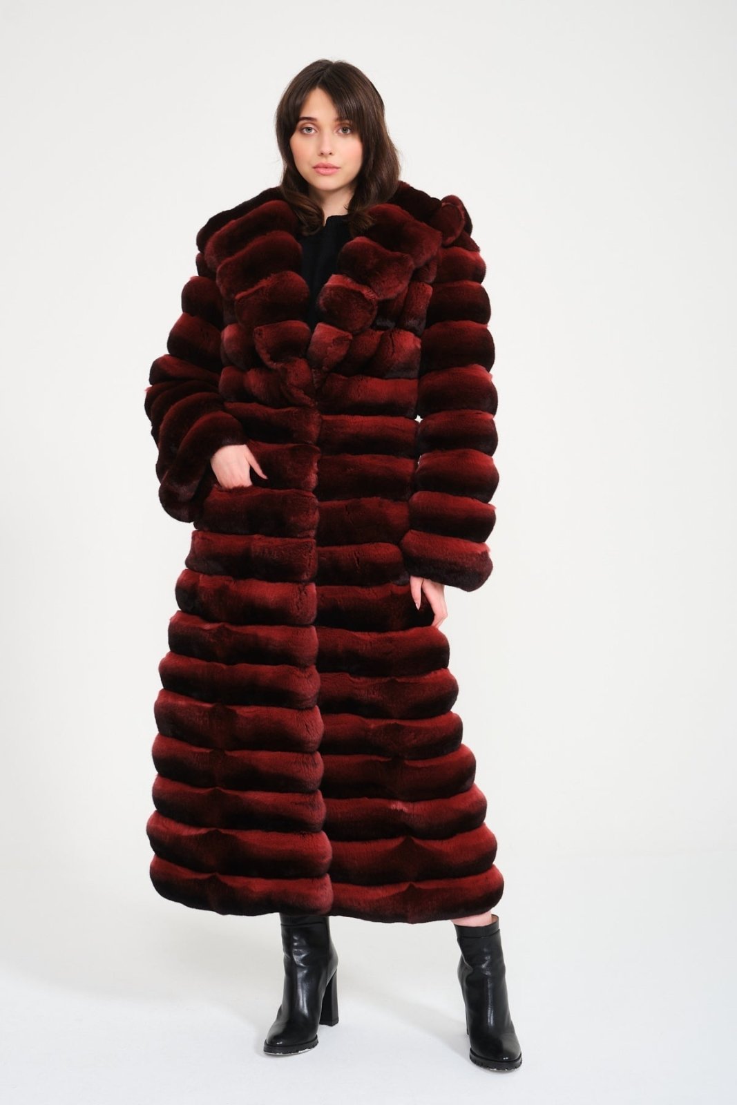 Burgundy Chinchilla Fur 3 in 1 Coat - ADAMO