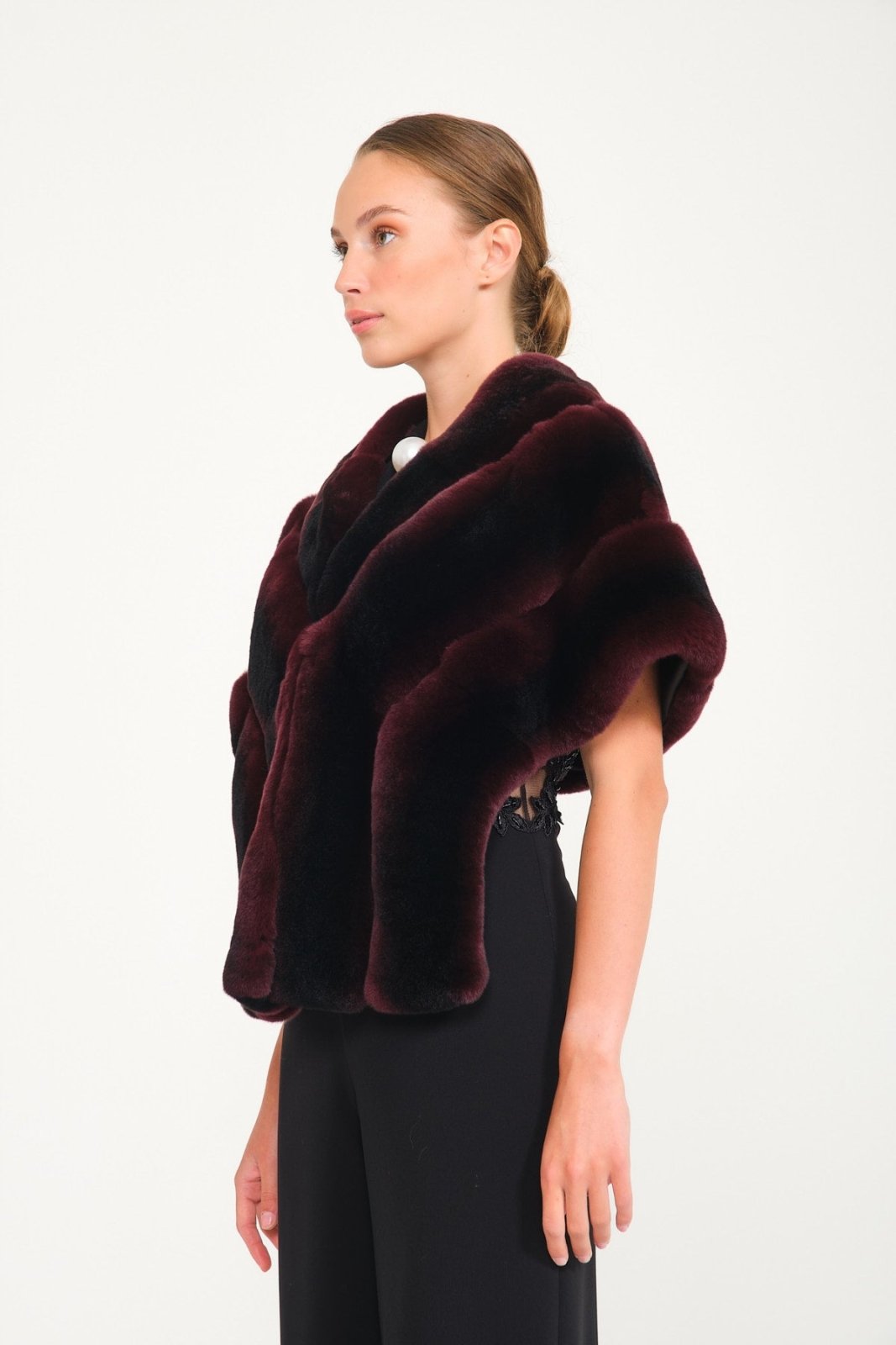 Burgundy Chinchilla Pattern Rex Fur Cape - ADAMO