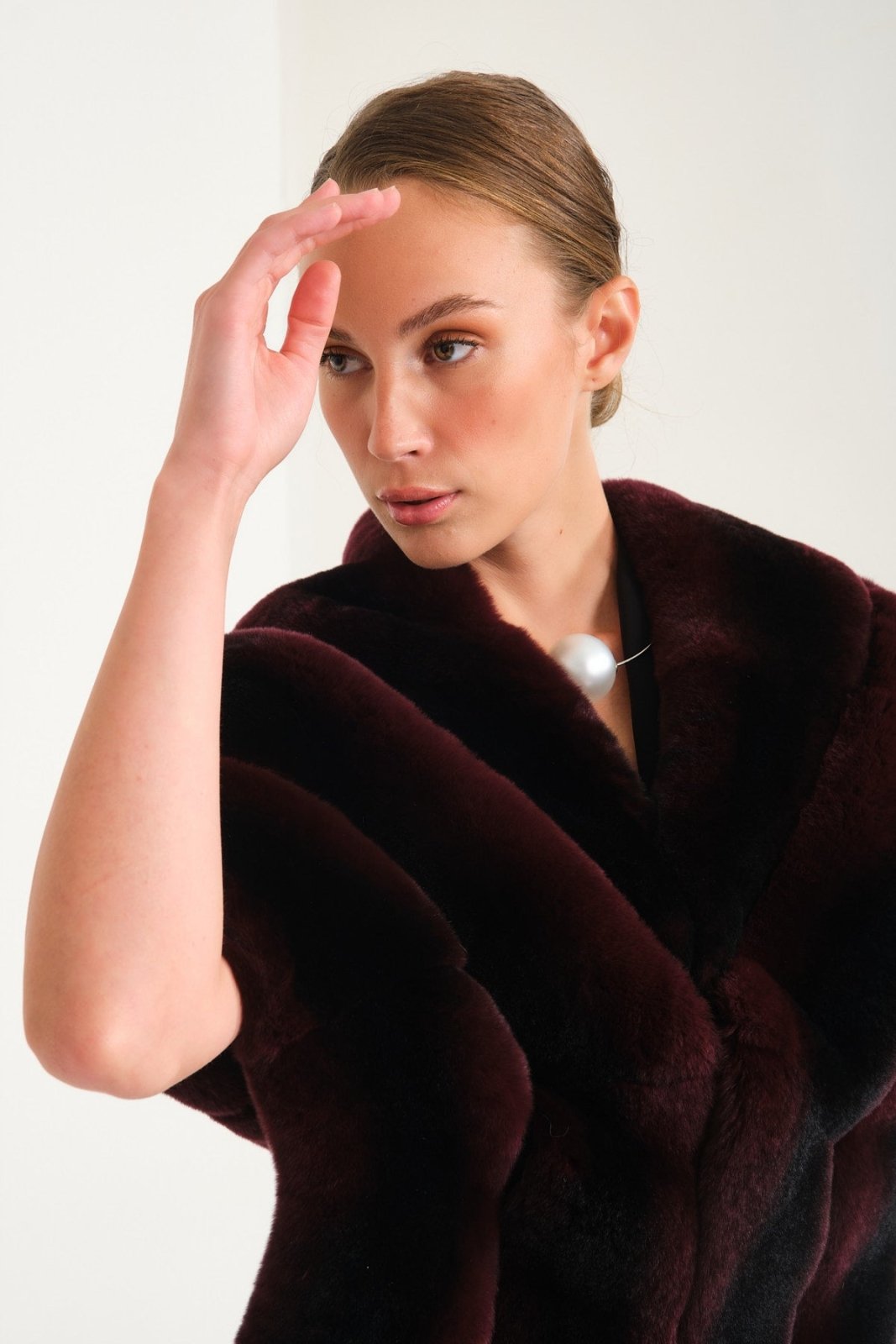 Burgundy Chinchilla Pattern Rex Fur Cape - ADAMO