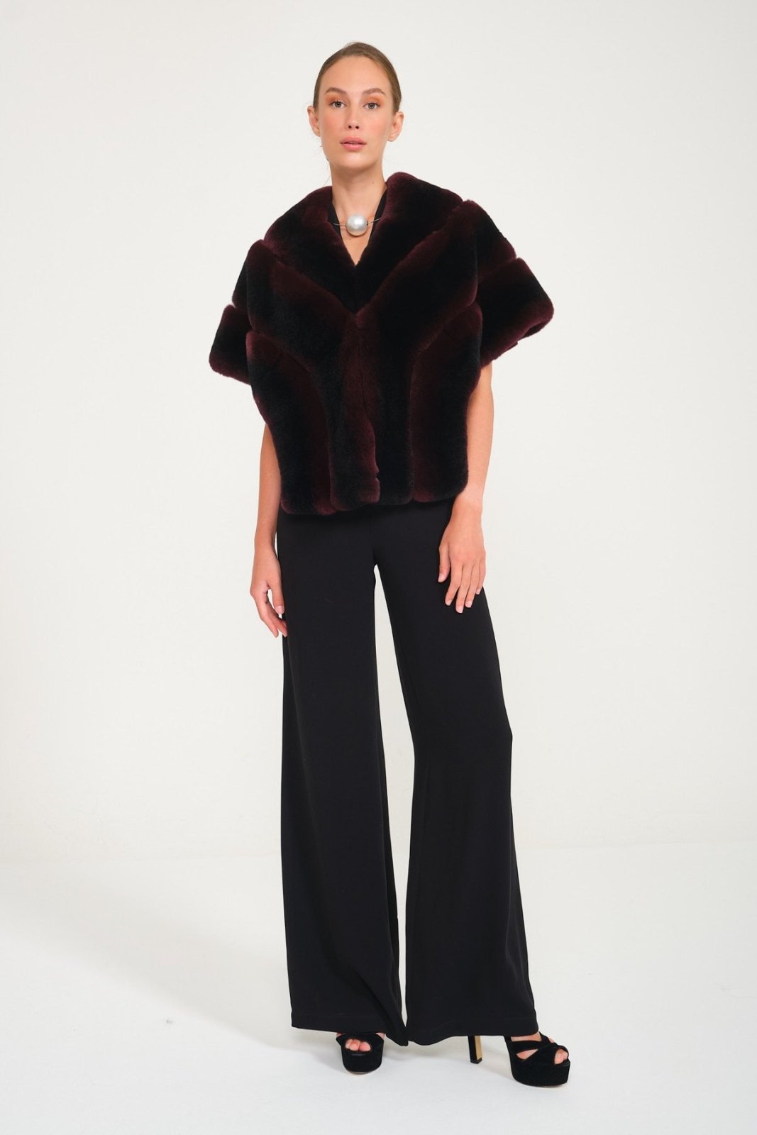 Burgundy Chinchilla Pattern Rex Fur Cape - ADAMO