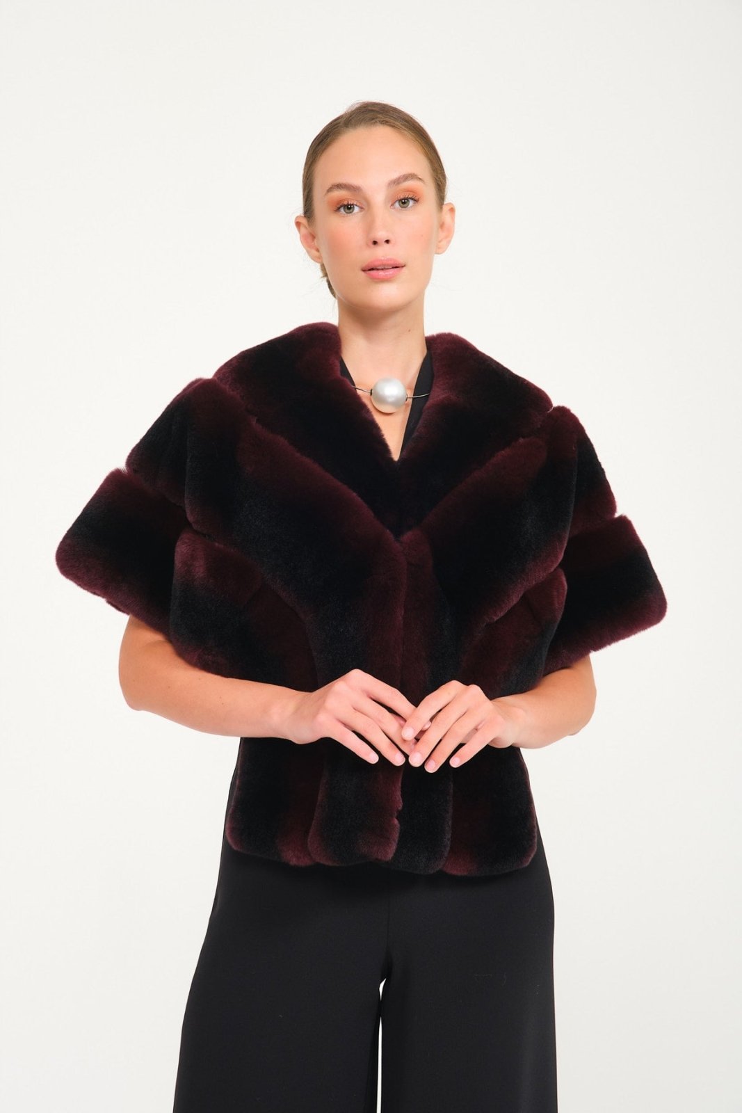 Burgundy Chinchilla Pattern Rex Fur Cape - ADAMO