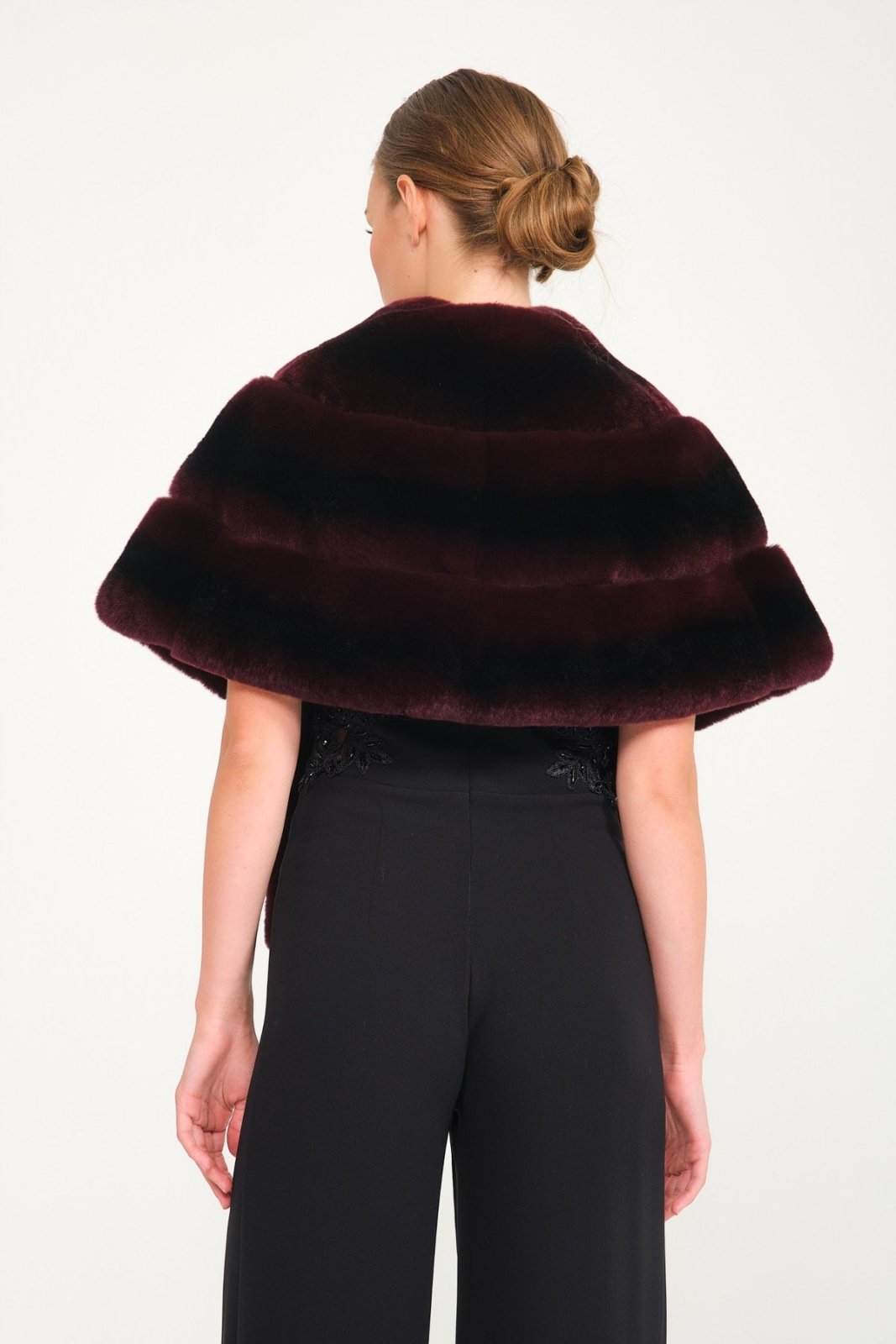 Burgundy Chinchilla Pattern Rex Fur Cape - ADAMO