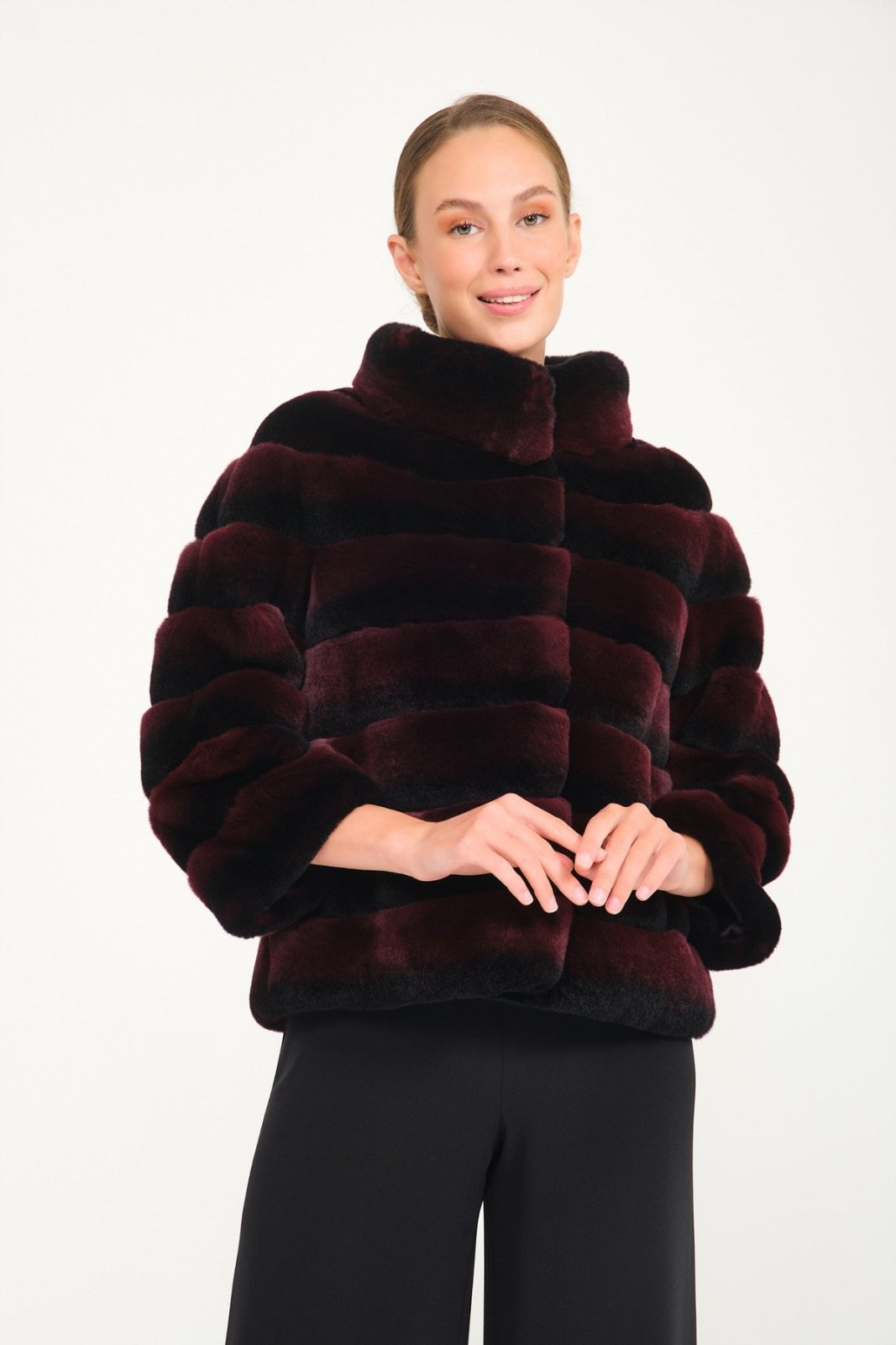 Burgundy Chinchilla Pattern Rex Fur Coat - ADAMO