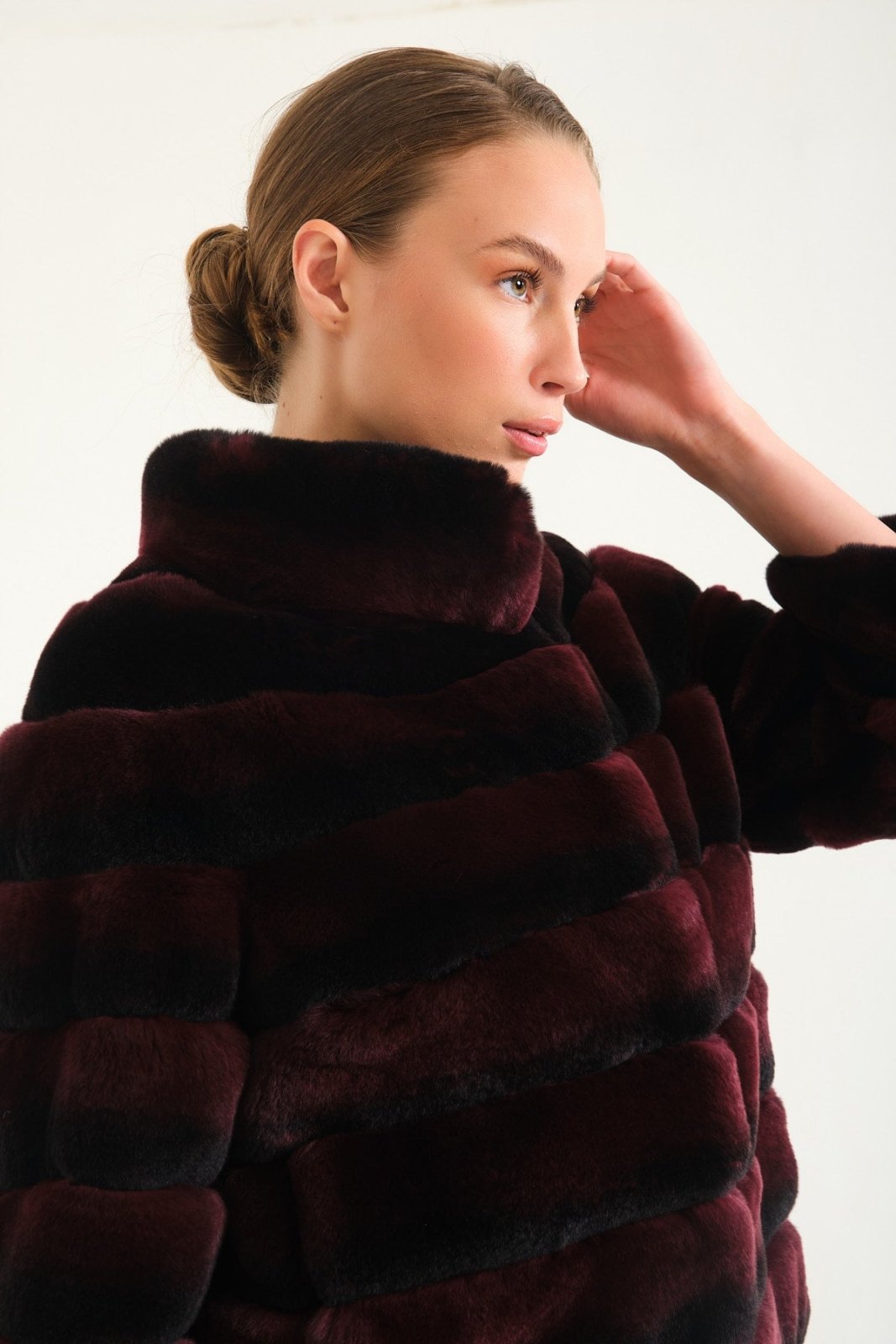 Burgundy Chinchilla Pattern Rex Fur Coat - ADAMO