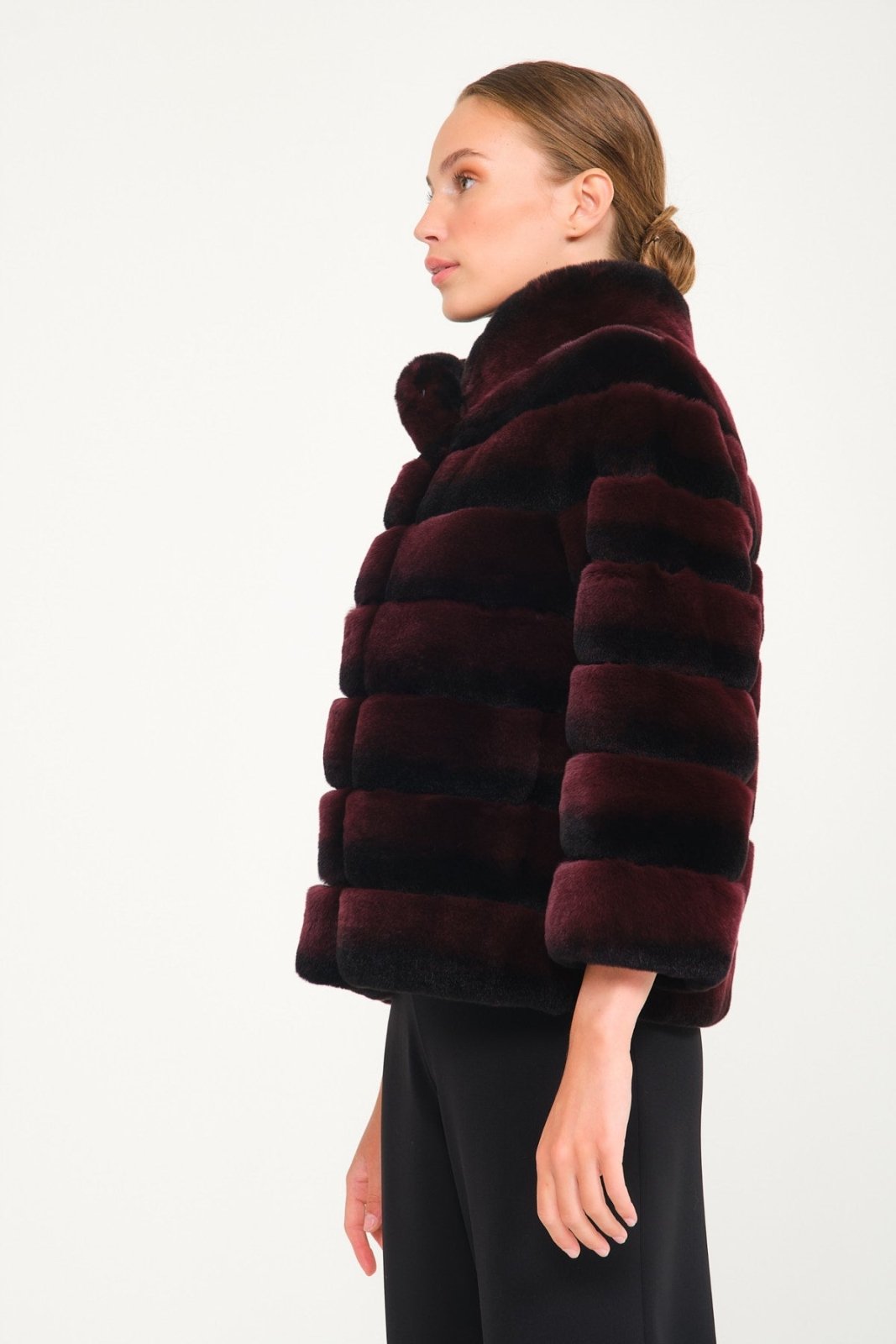 Burgundy Chinchilla Pattern Rex Fur Coat - ADAMO