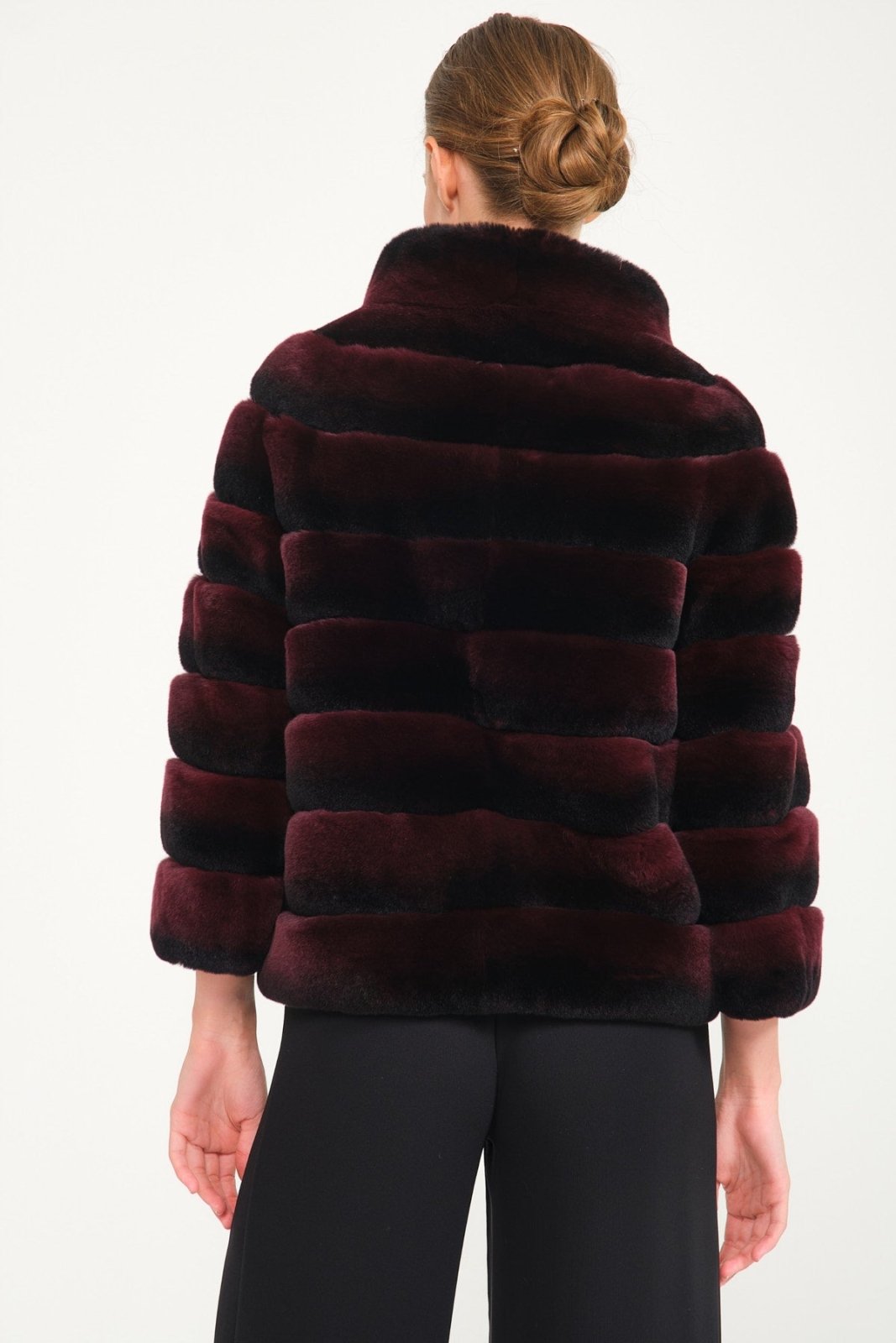 Burgundy Chinchilla Pattern Rex Fur Coat - ADAMO