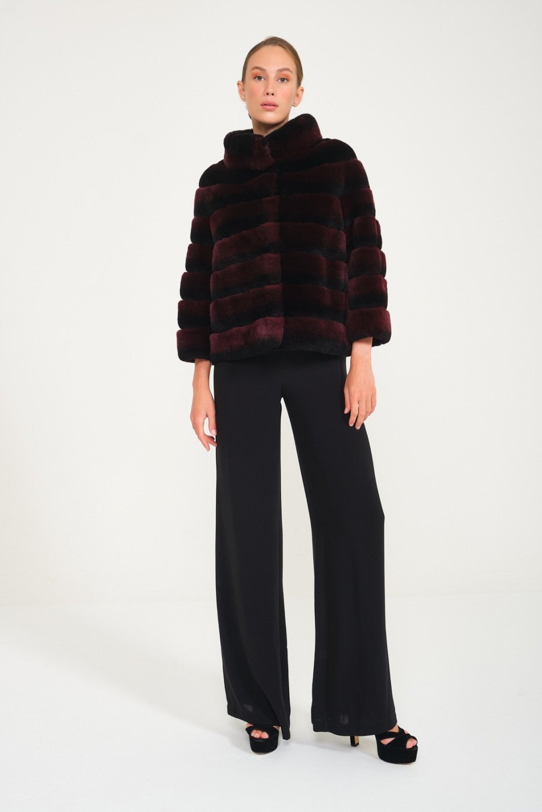 Burgundy Chinchilla Pattern Rex Fur Coat - ADAMO