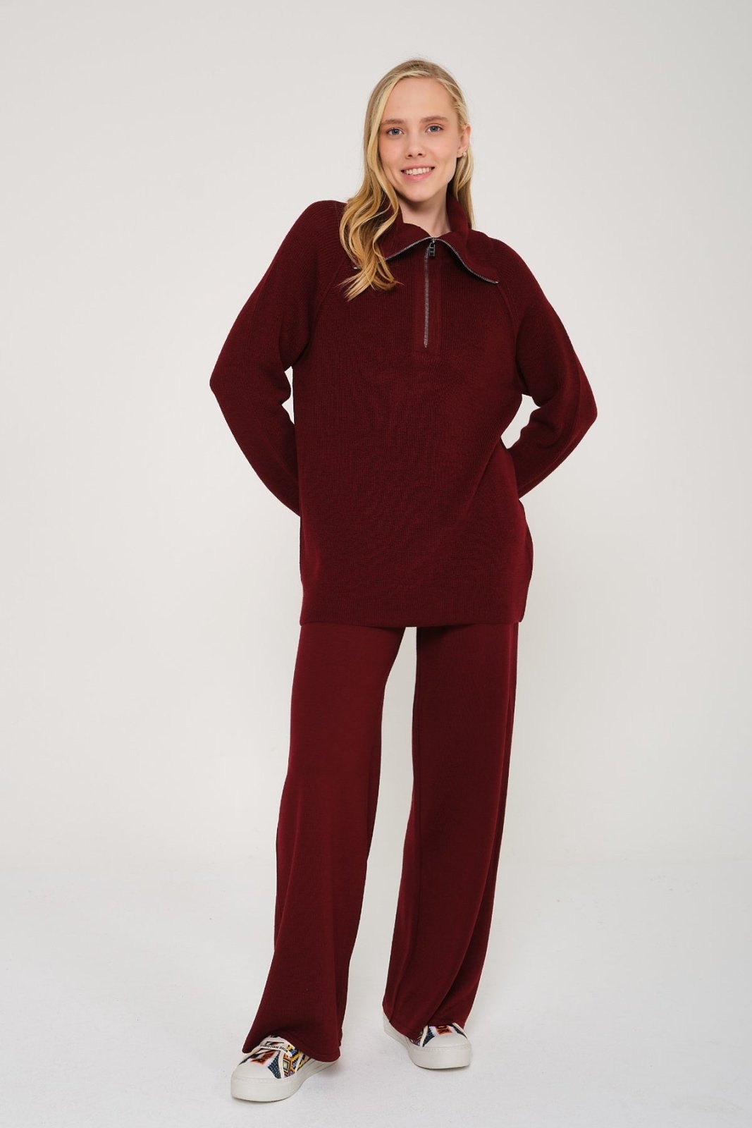 Burgundy Knit Wool Sweater & Pants Set - ADAMO