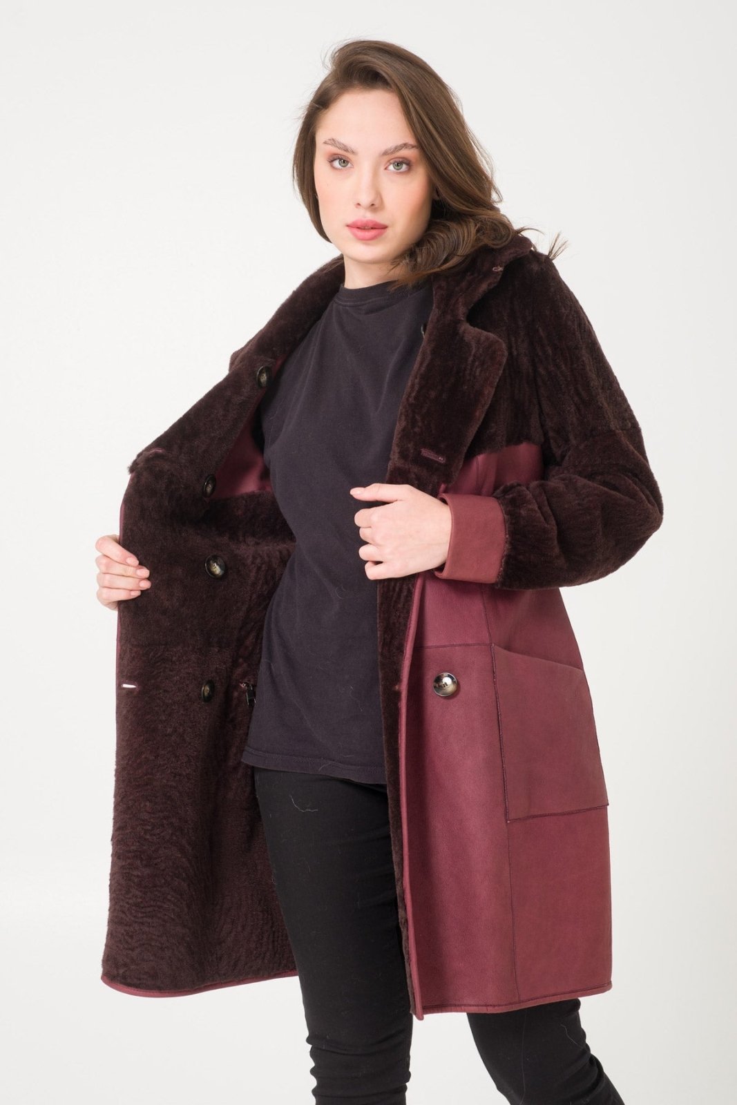 Burgundy Shearling Coat - ADAMO