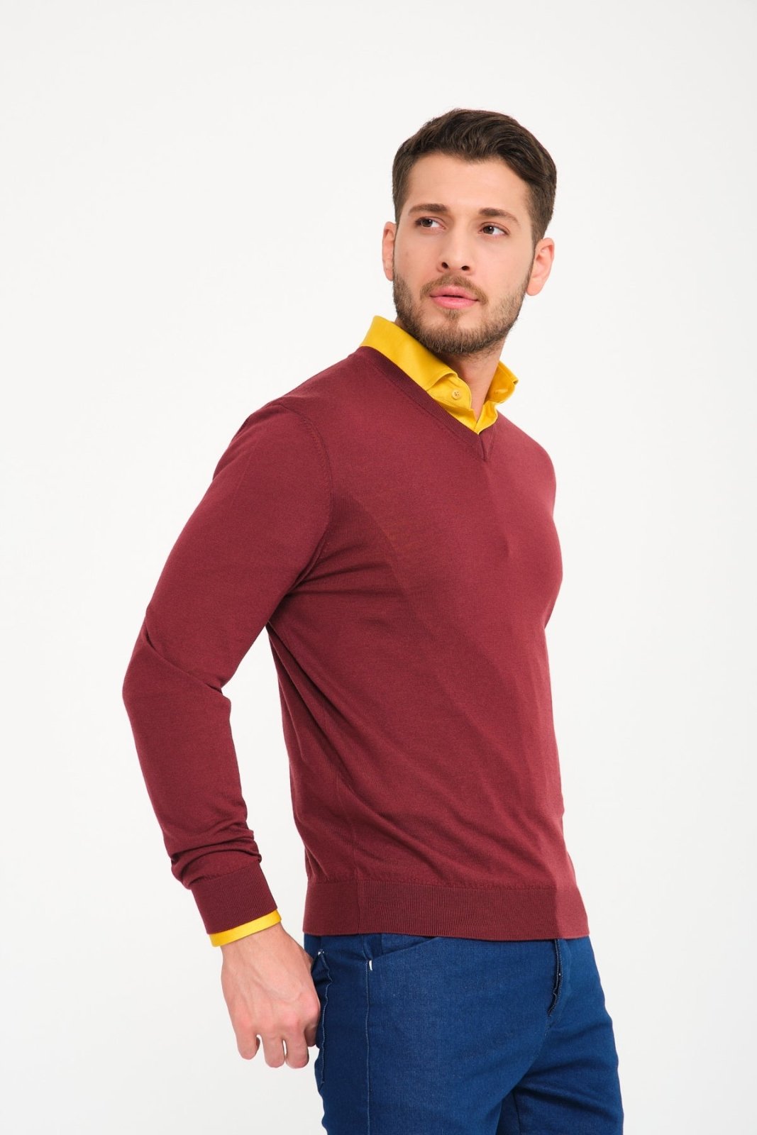 Burgundy V - Collar Wool Sweater - ADAMO