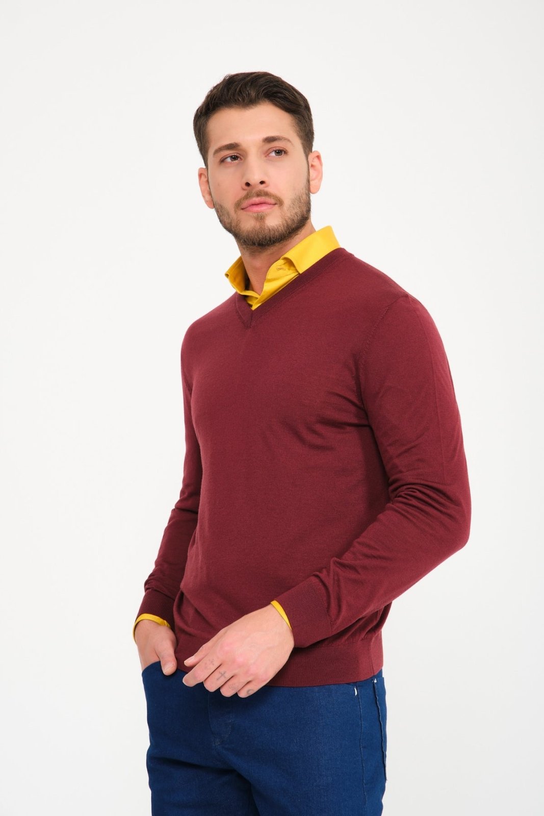 Burgundy V - Collar Wool Sweater - ADAMO