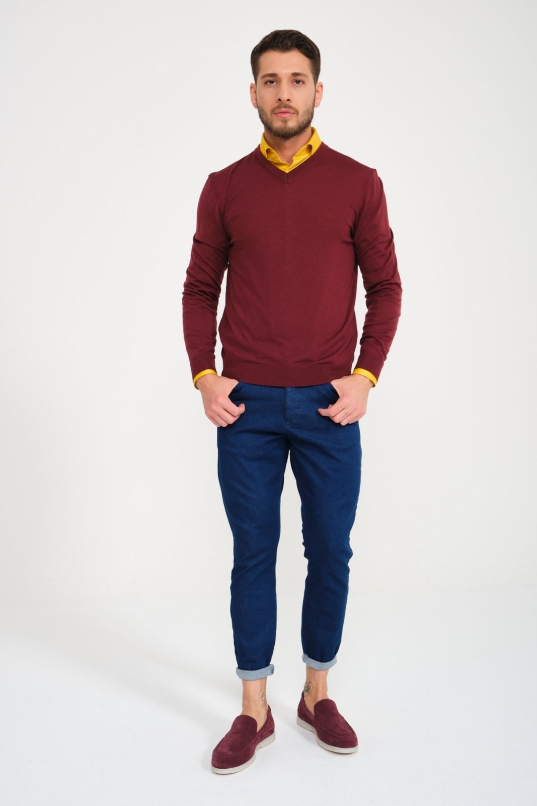 Burgundy V - Collar Wool Sweater - ADAMO