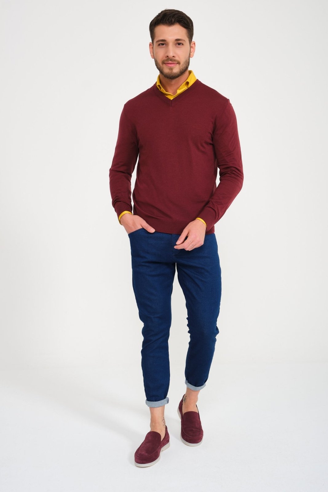 Burgundy V - Collar Wool Sweater - ADAMO