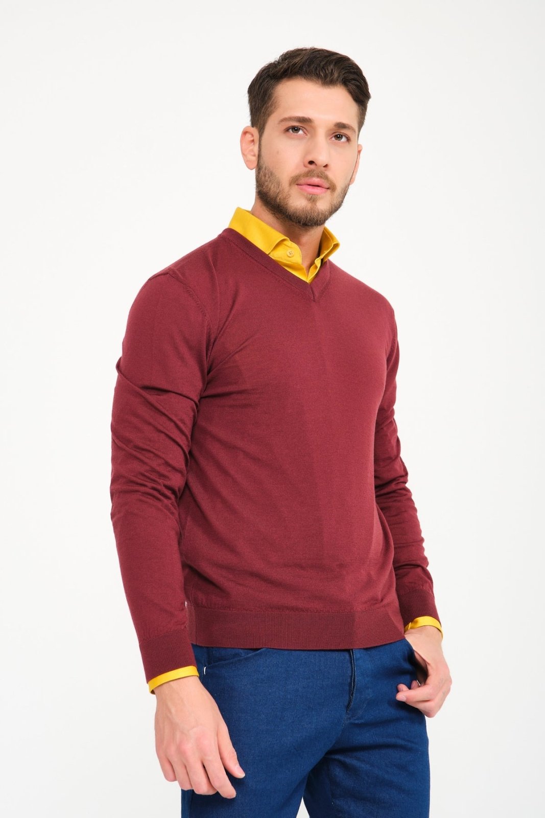 Burgundy V - Collar Wool Sweater - ADAMO