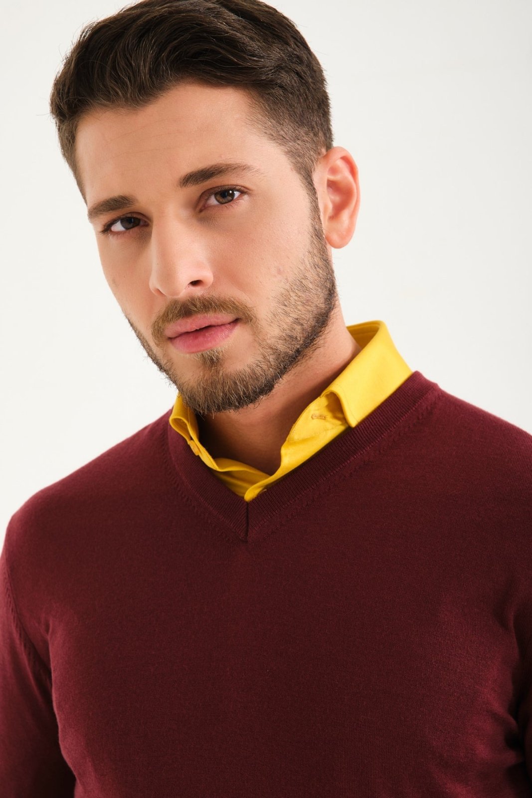 Burgundy V - Collar Wool Sweater - ADAMO