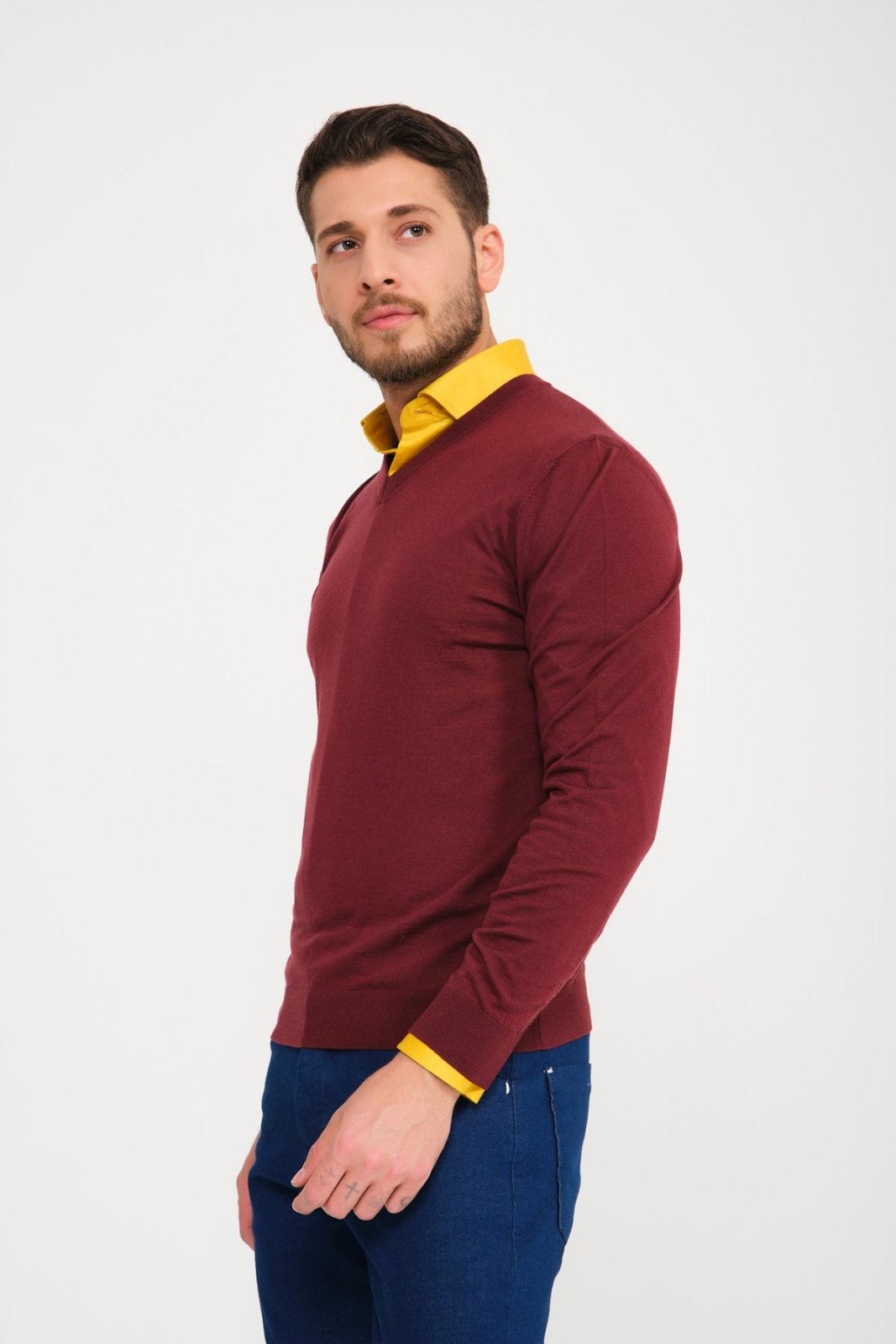 Burgundy V - Collar Wool Sweater - ADAMO