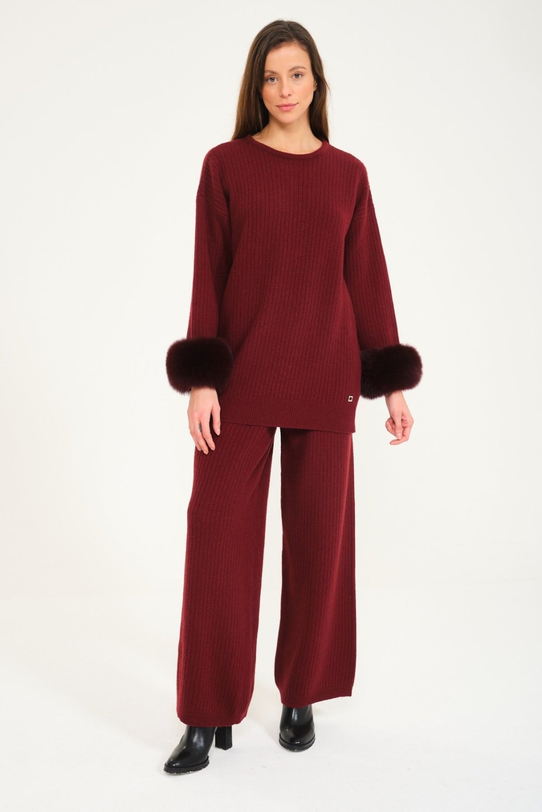 Burgundy Wool & Fox Fur Set - ADAMO