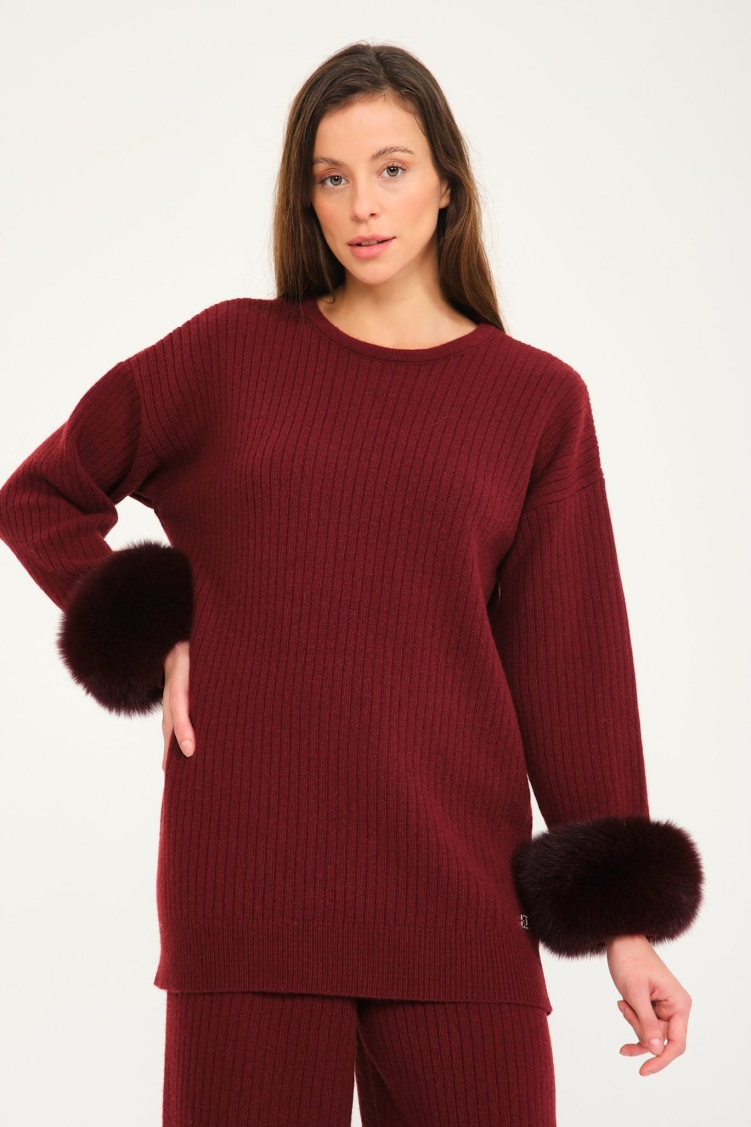 Burgundy Wool & Fox Fur Set - ADAMO