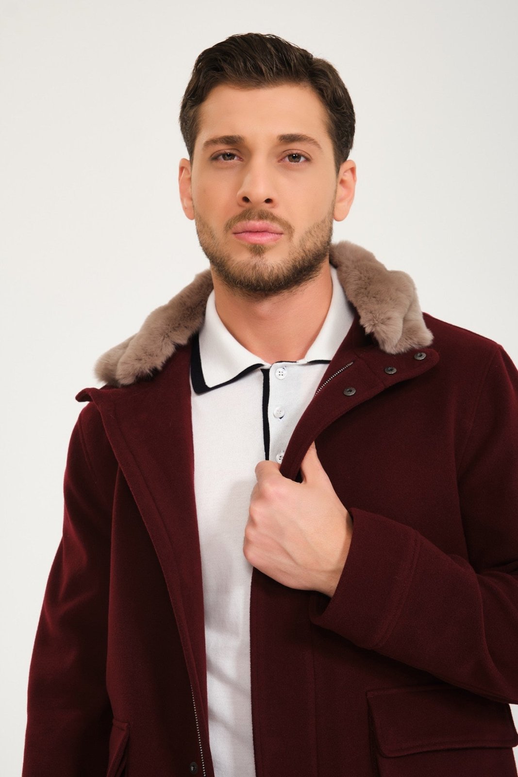 Burgundy Wool & Rex Fur Coat - ADAMO