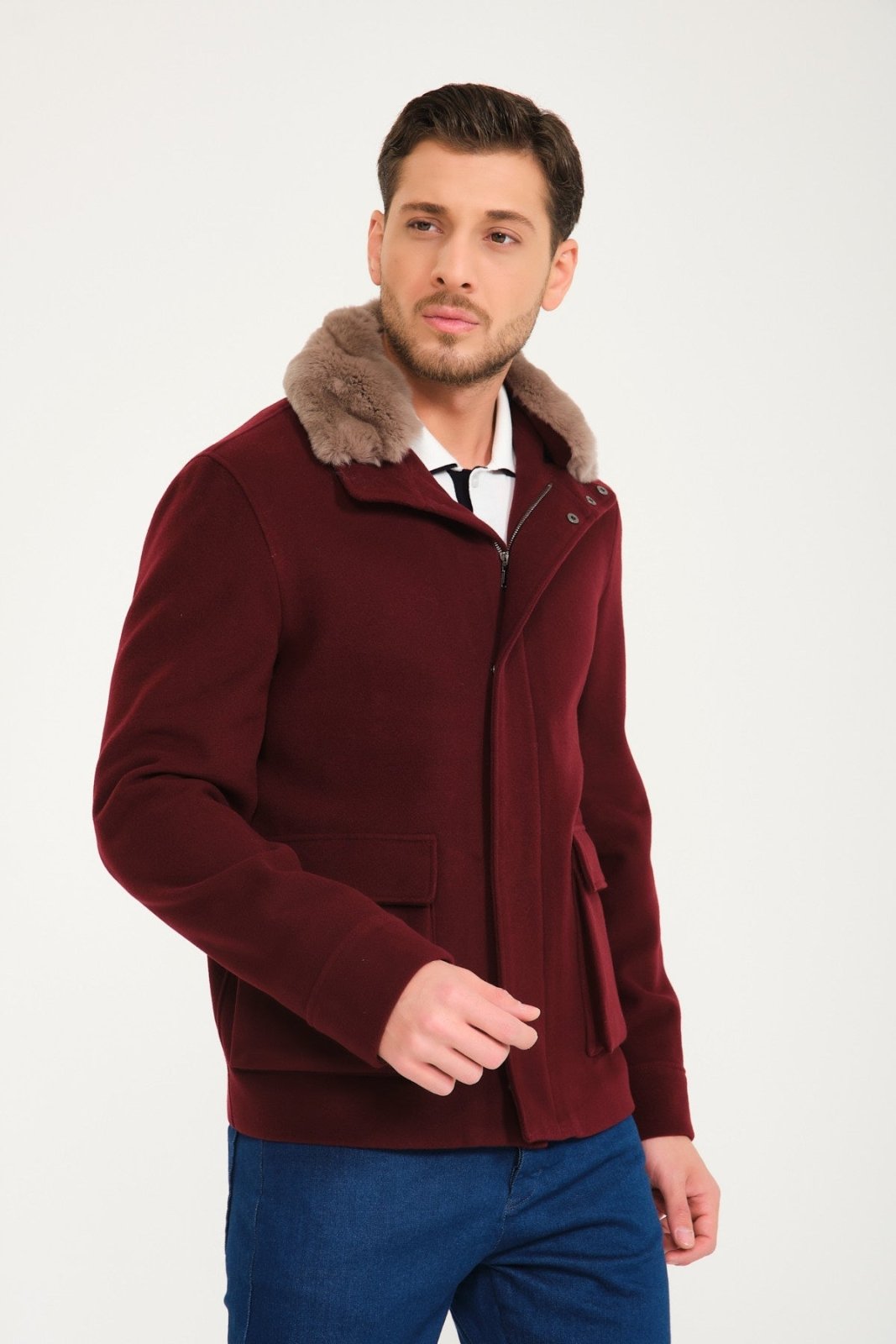 Burgundy Wool & Rex Fur Coat - ADAMO