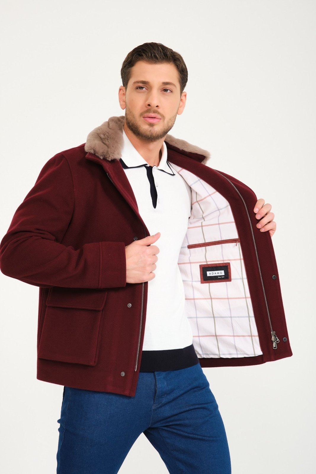 Burgundy Wool & Rex Fur Coat - ADAMO