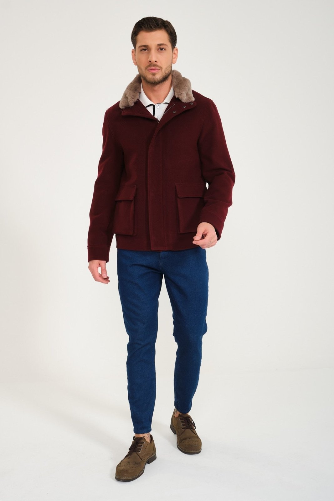 Burgundy Wool & Rex Fur Coat - ADAMO