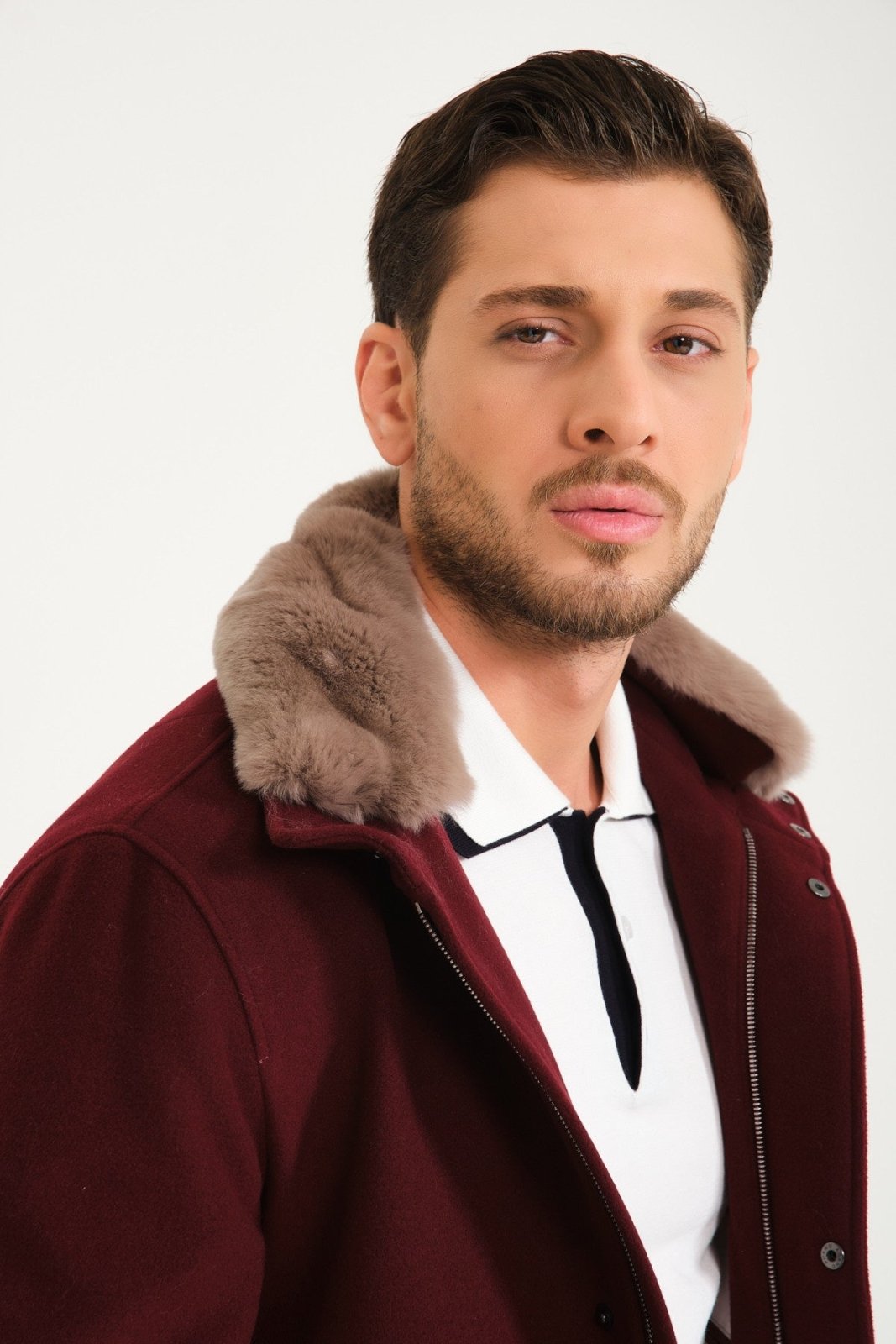 Burgundy Wool & Rex Fur Coat - ADAMO