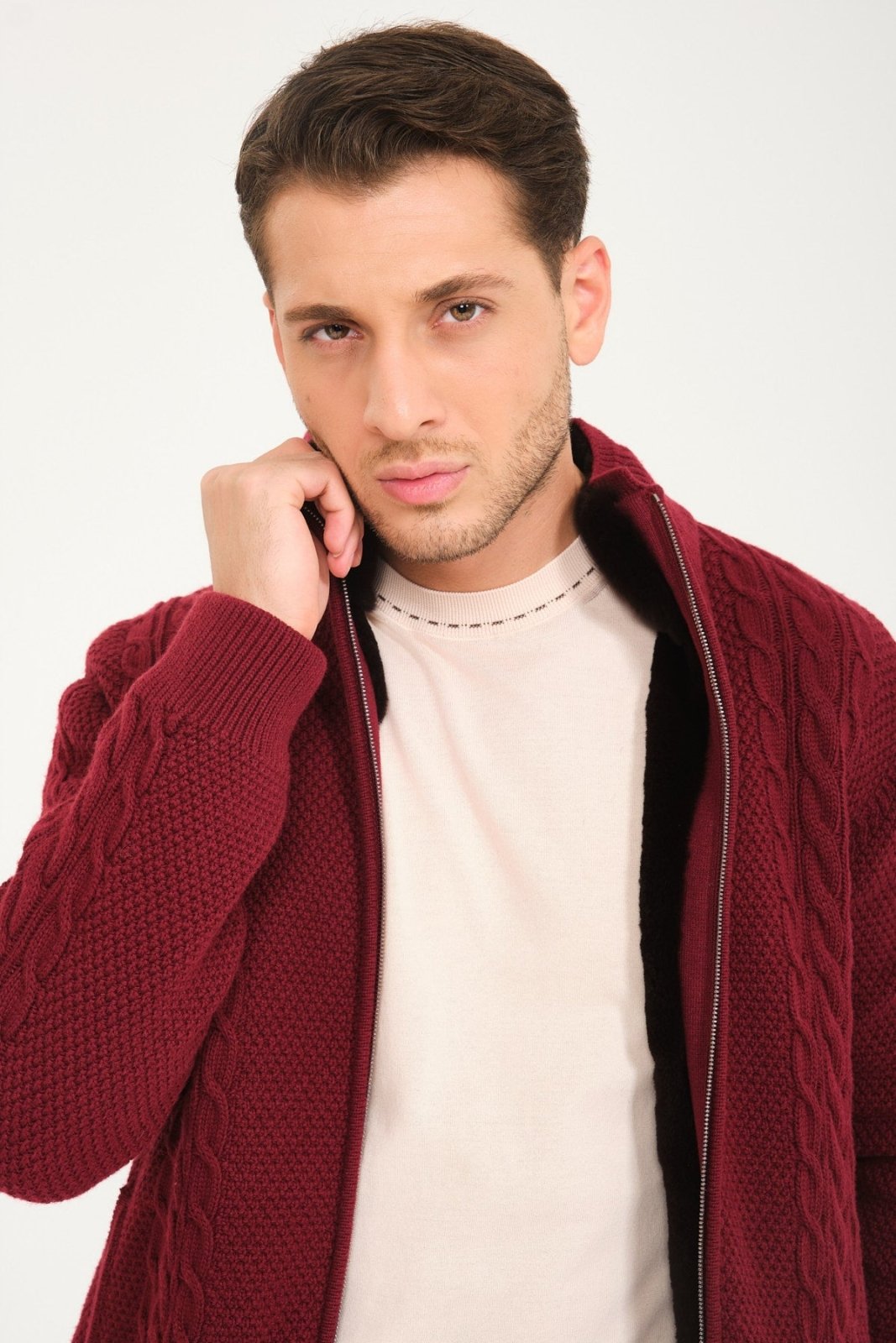 Burgundy Wool & Rex Fur Knit Cardigan - ADAMO