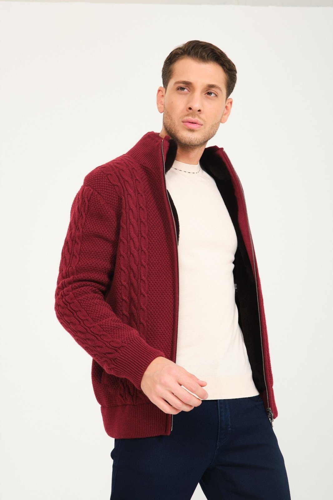 Burgundy Wool & Rex Fur Knit Cardigan - ADAMO