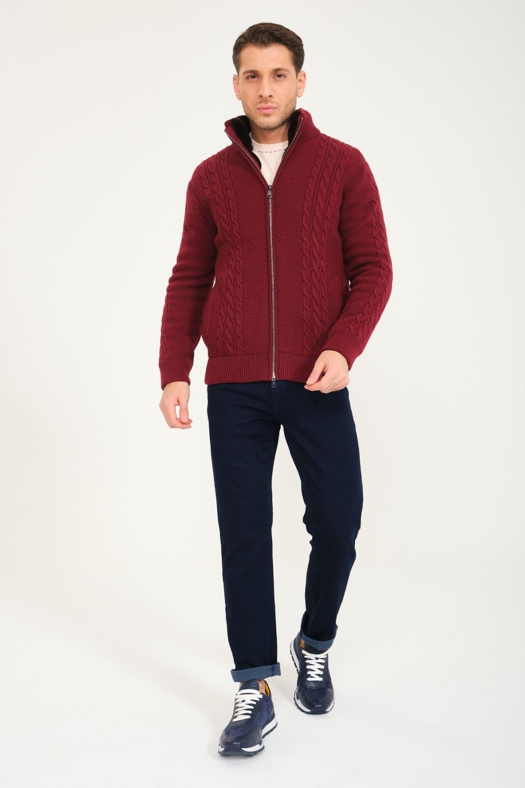 Burgundy Wool & Rex Fur Knit Cardigan - ADAMO