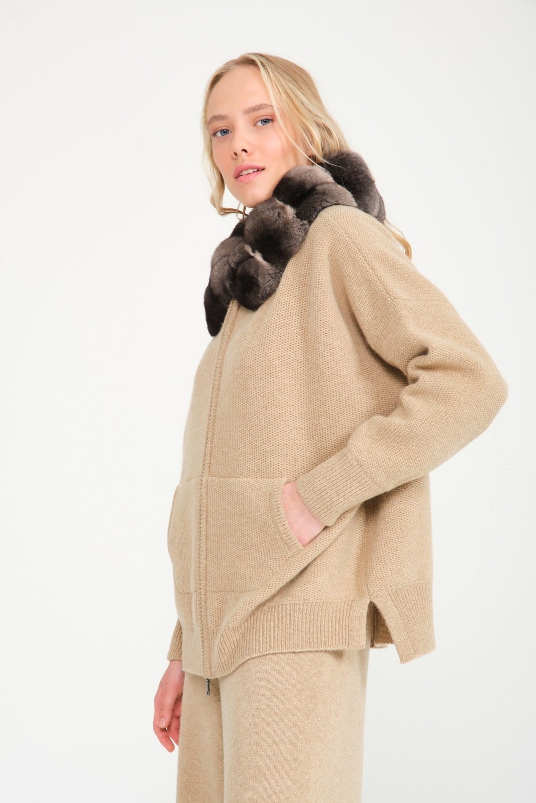 Camel Chinchilla Fur Lined Hoodie & Pants Set - ADAMO