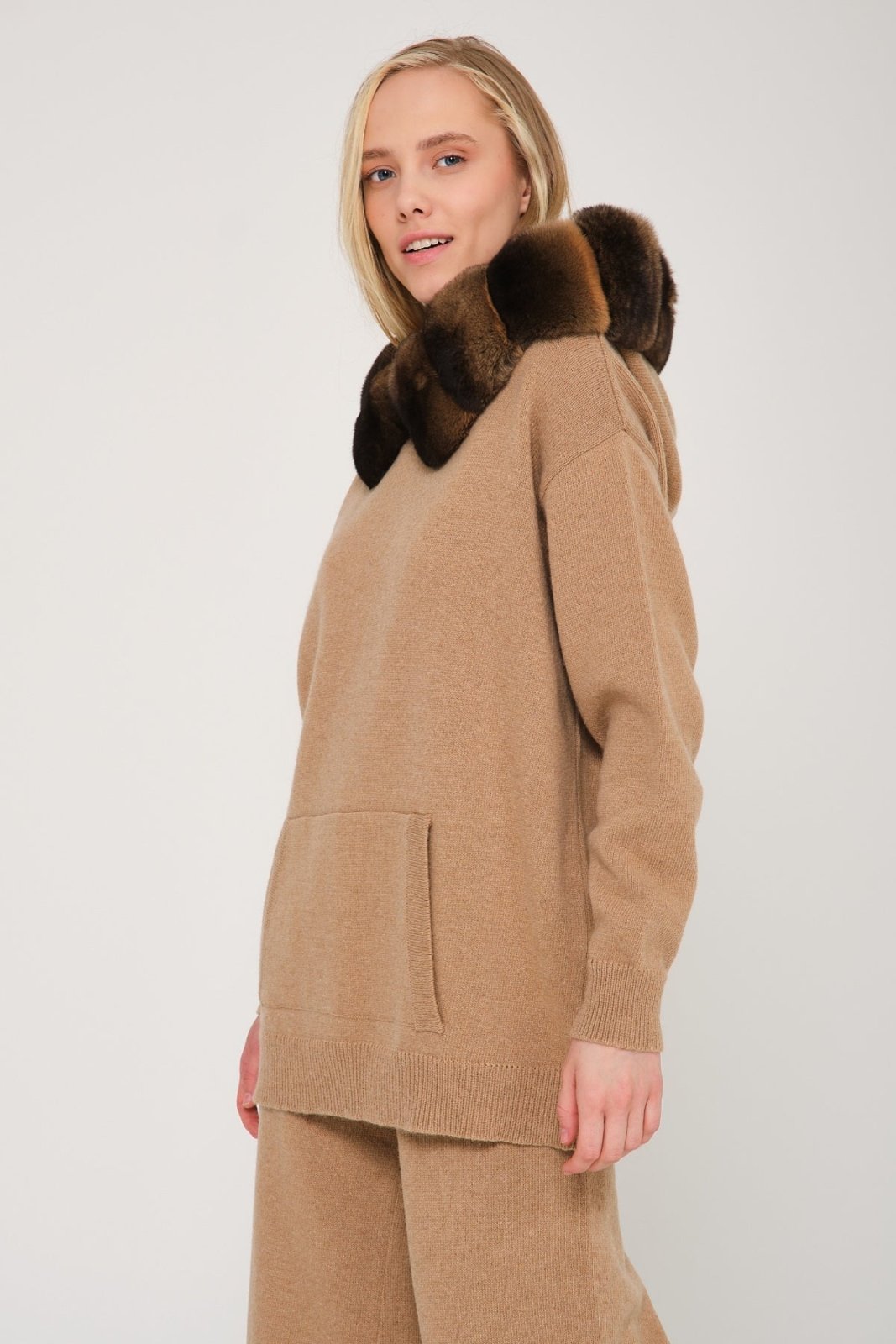 Camel Chinchilla Fur Lined Hoodie & Pants Set - ADAMO