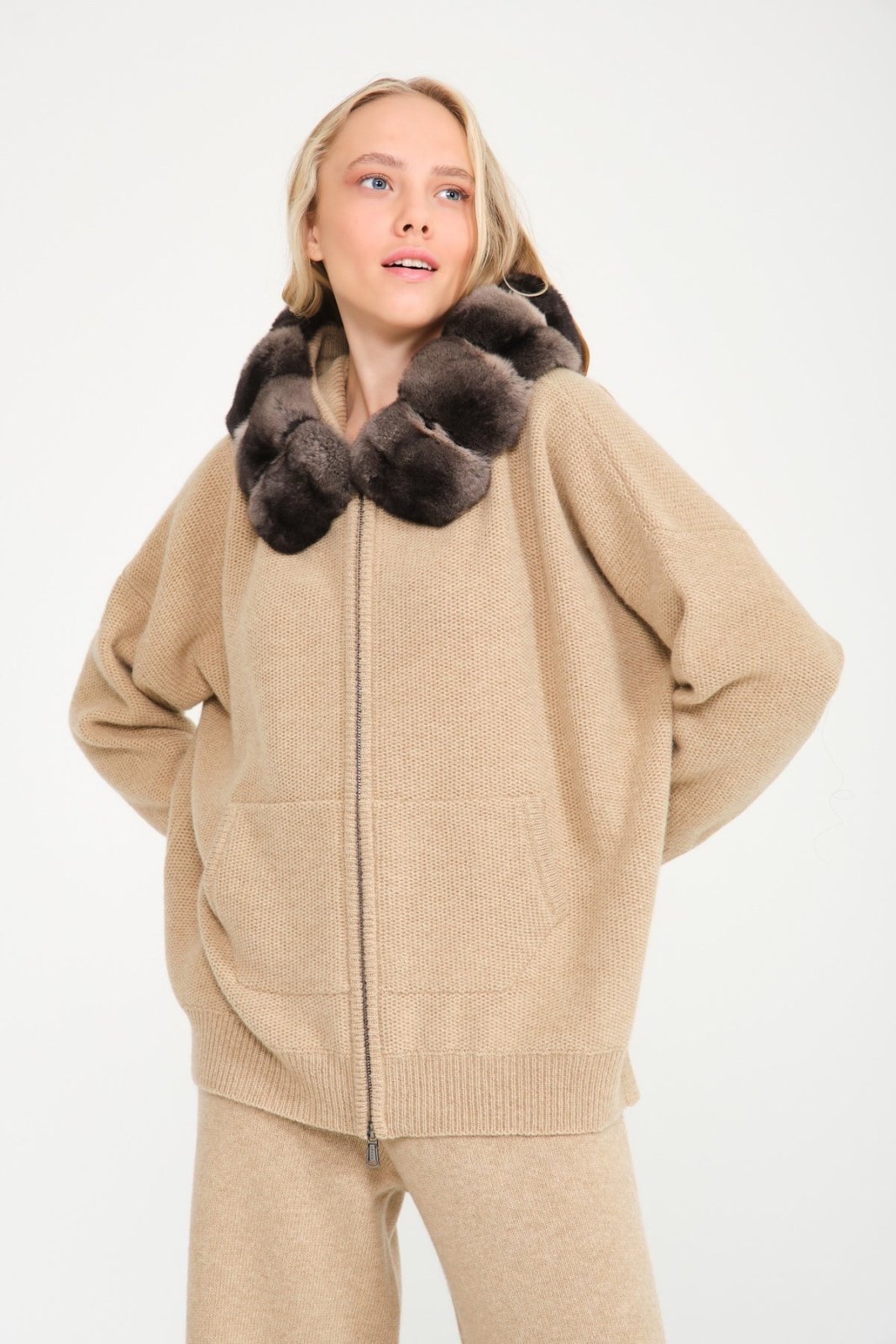 Camel Chinchilla Fur Lined Hoodie & Pants Set - ADAMO